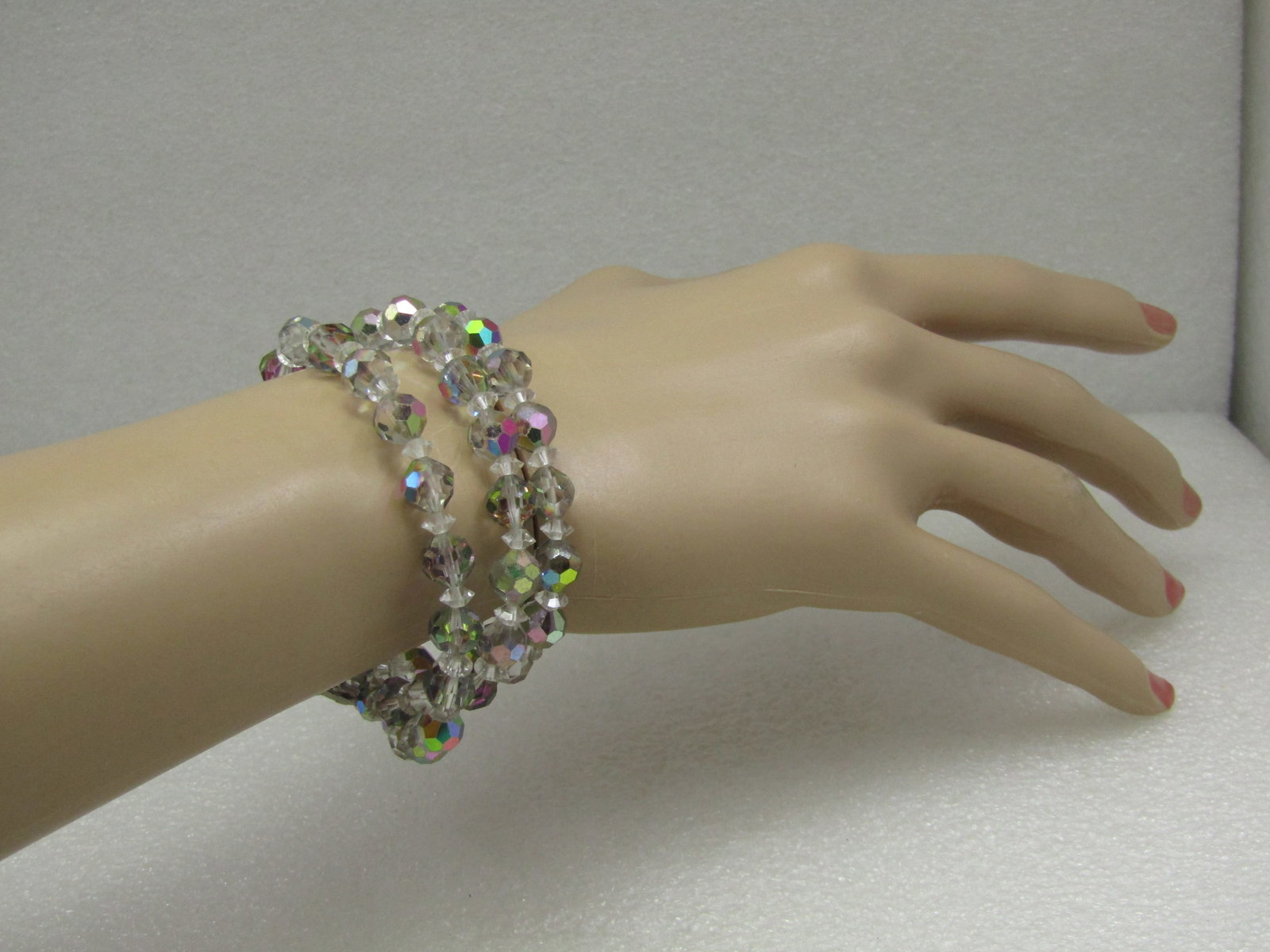 Vintage Aurora Borealis Crystal Bracelet, Triple Strand, 7.5" - 5