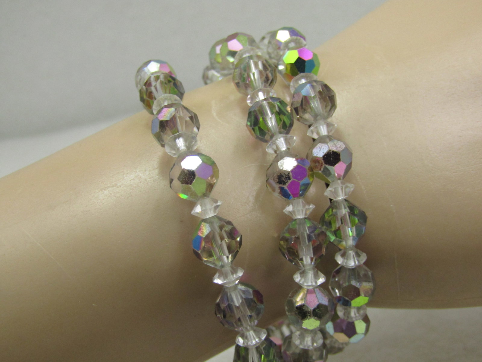 Vintage Aurora Borealis Crystal Bracelet, Triple Strand, 7.5" - 6