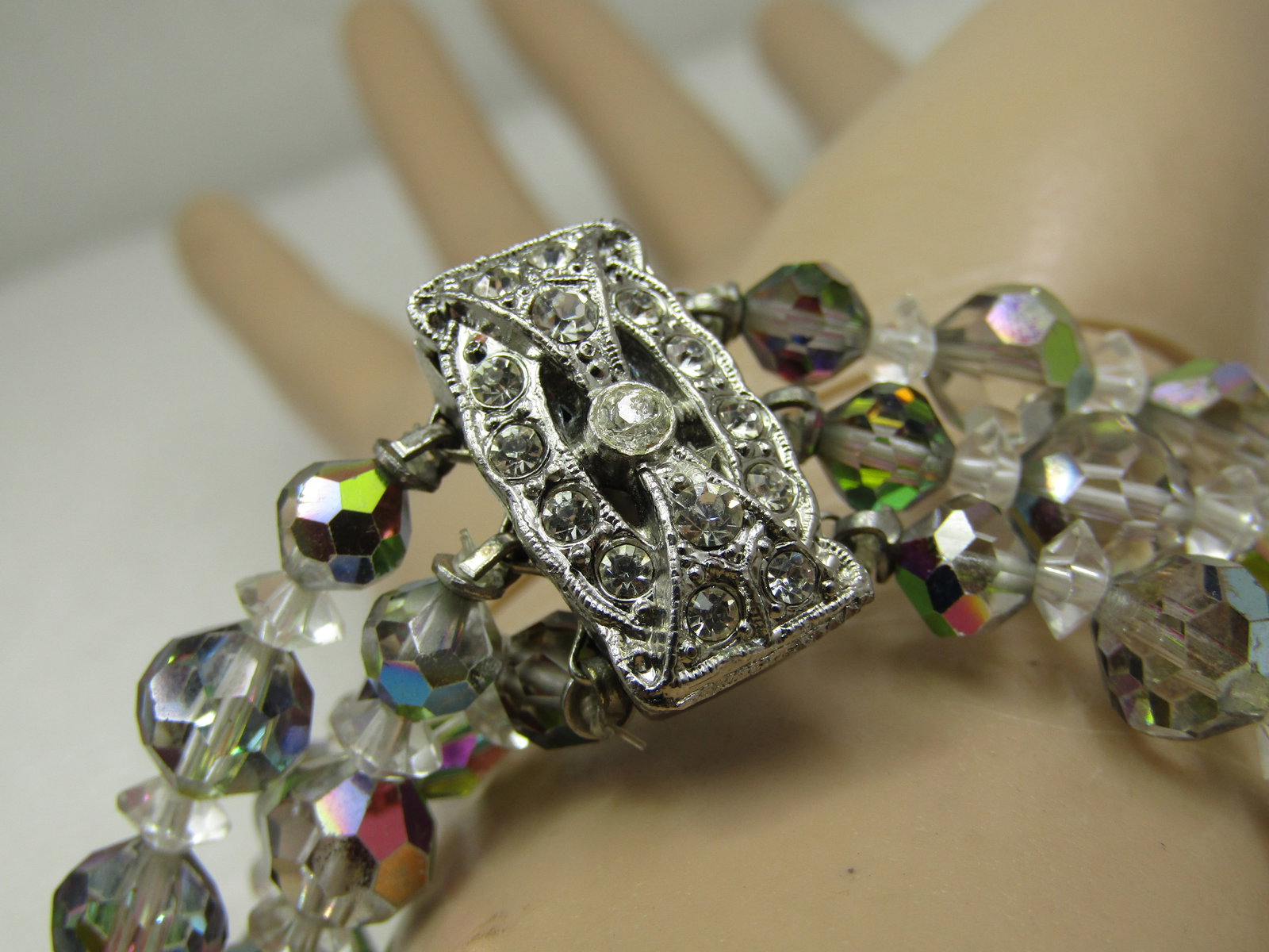 Vintage Aurora Borealis Crystal Bracelet, Triple Strand, 7.5" - 7