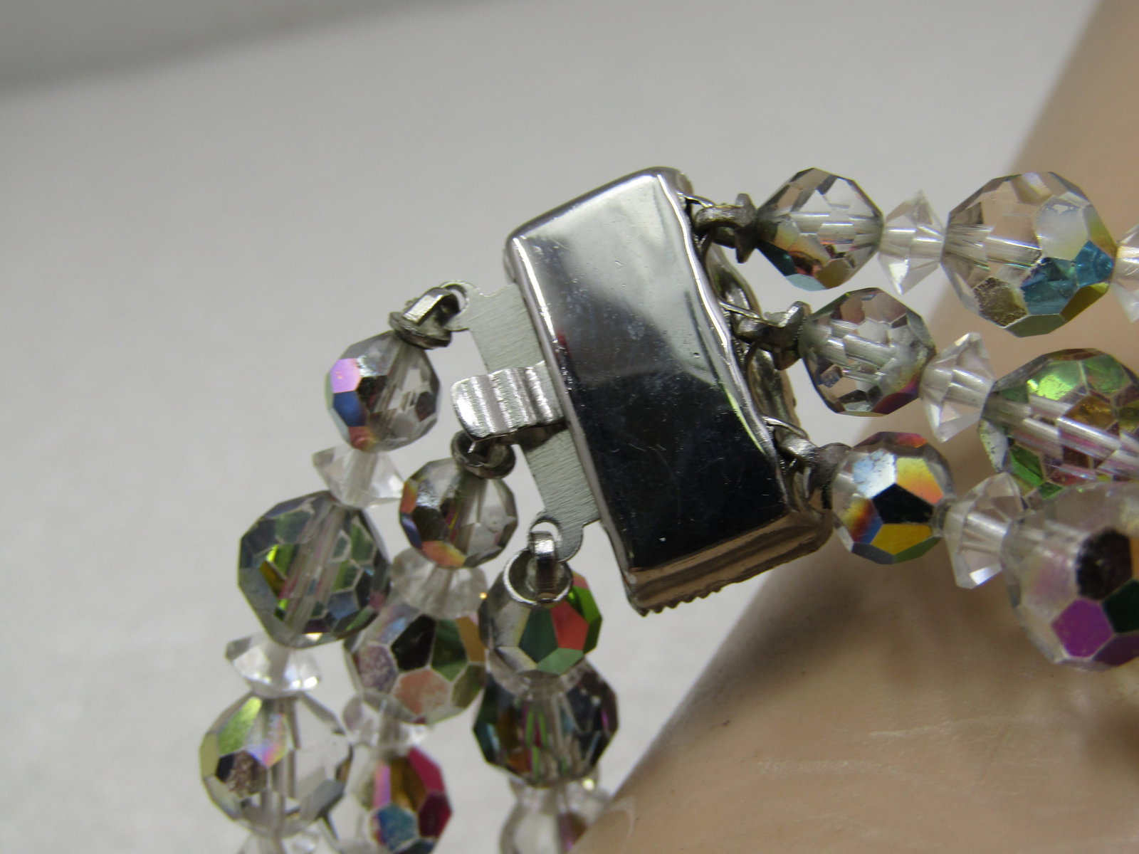 Vintage Aurora Borealis Crystal Bracelet, Triple Strand, 7.5" - 8