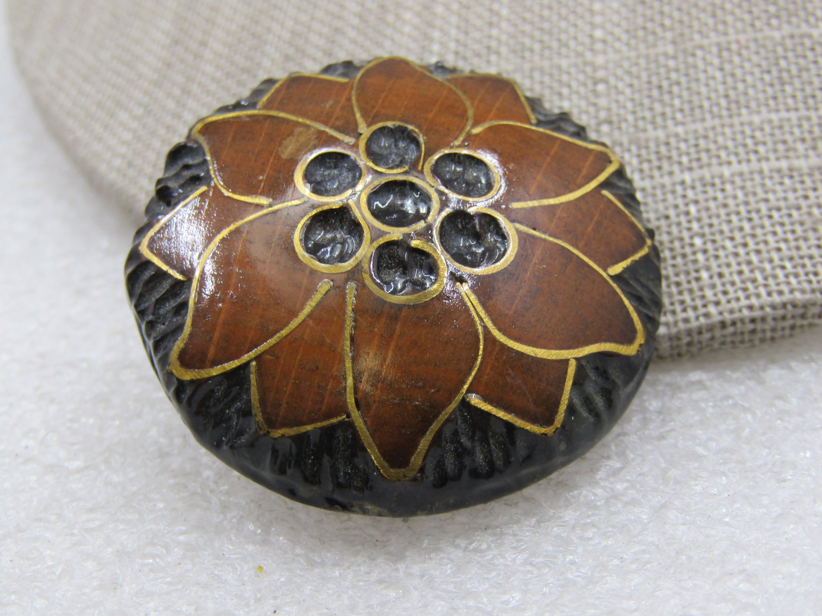 Vintage Inlaid Carved Wood Blossom Brooch , Mid-Century, 1.5" - 4