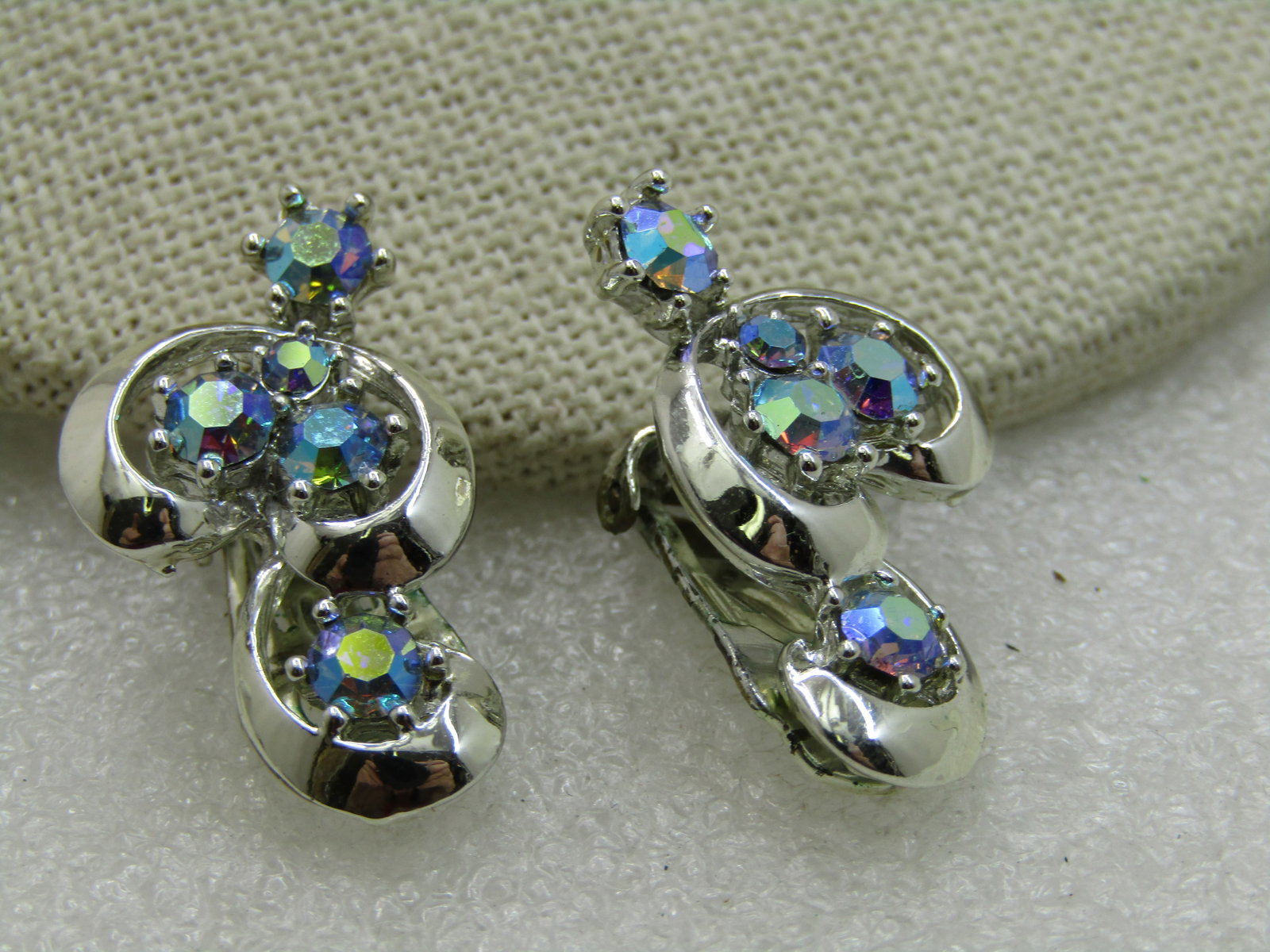 Vintage Aurora Borealis Rhinestone Clip Earrings, 1960's - 2