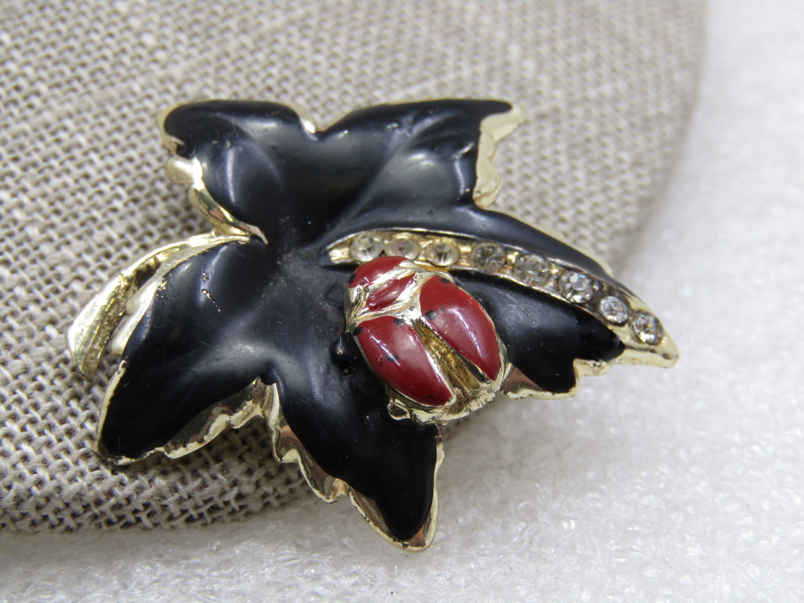Vintage Enameled Lady Bug & Leaf Brooch, 1960's, Rhinestones, 1.5" (1 of 6)