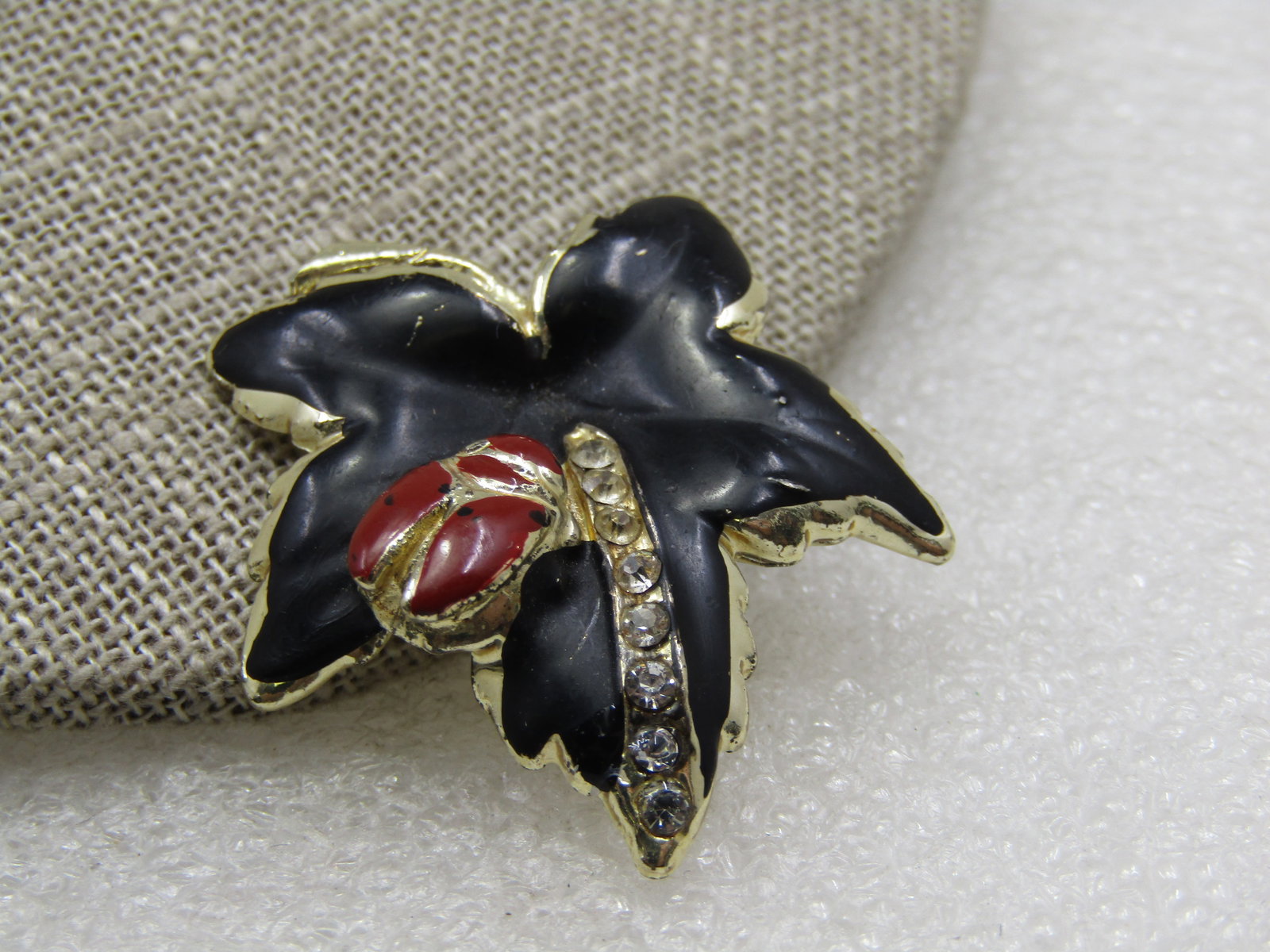 Vintage Enameled Lady Bug & Leaf Brooch, 1960's, Rhinestones, 1.5" - 2