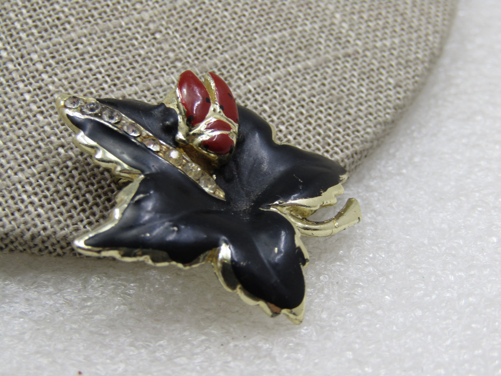 Vintage Enameled Lady Bug & Leaf Brooch, 1960's, Rhinestones, 1.5" - 3