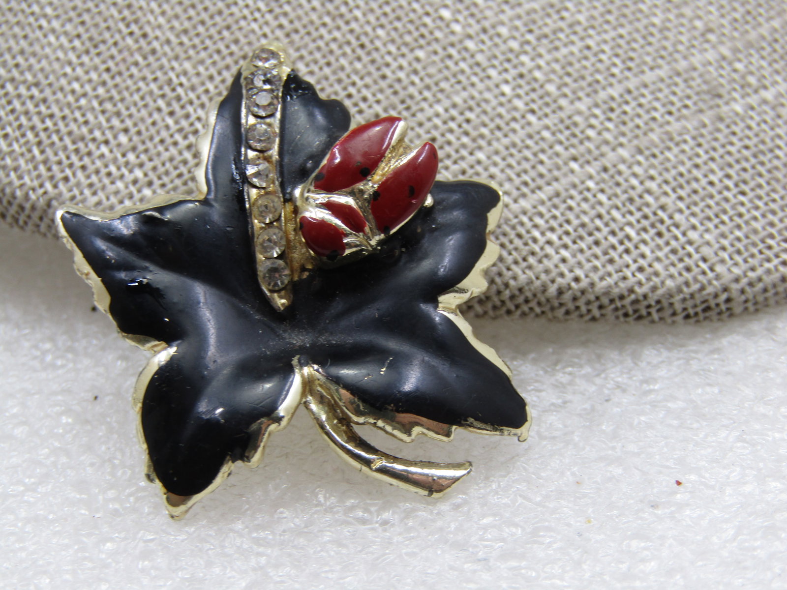 Vintage Enameled Lady Bug & Leaf Brooch, 1960's, Rhinestones, 1.5" - 4