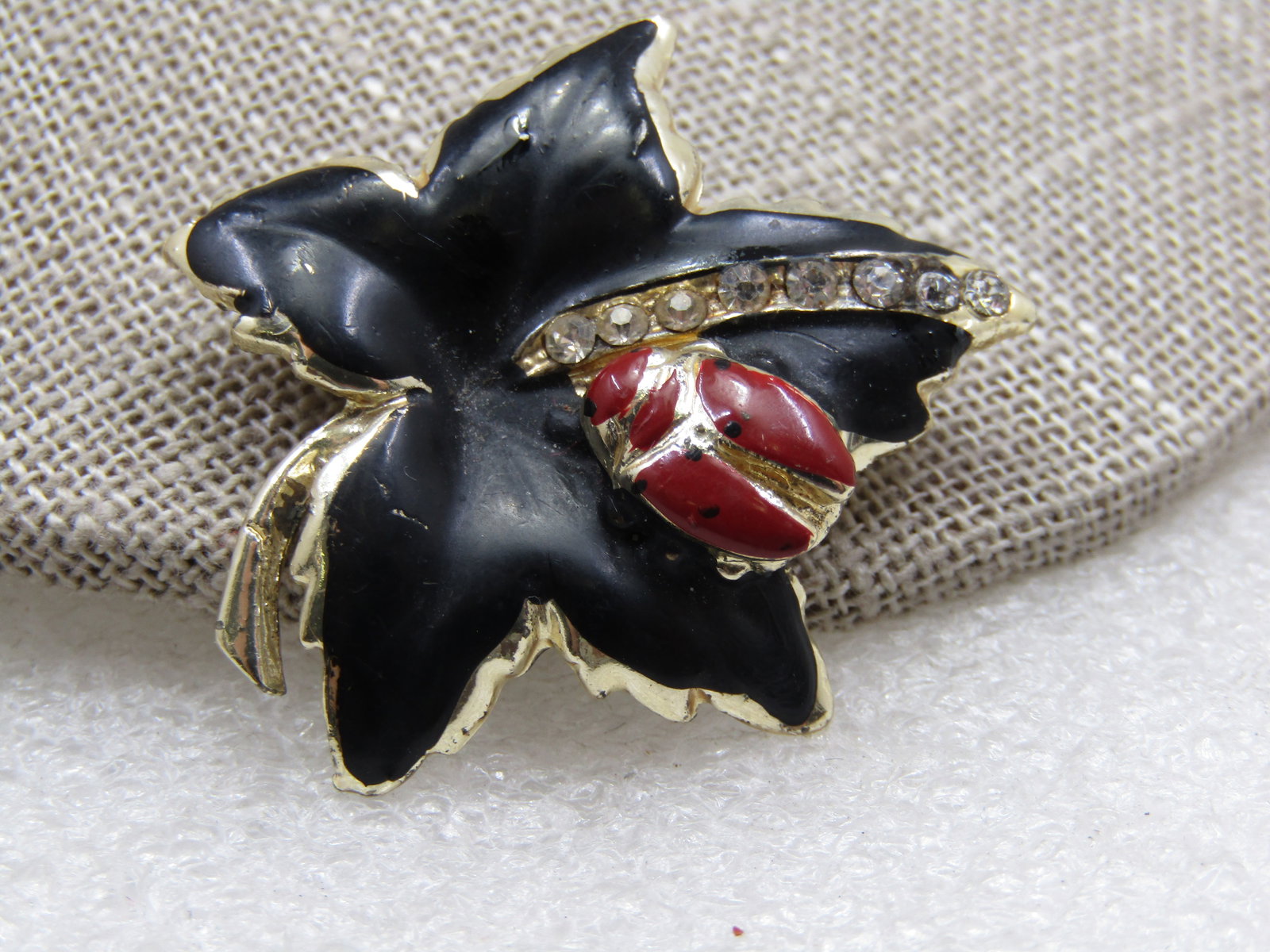 Vintage Enameled Lady Bug & Leaf Brooch, 1960's, Rhinestones, 1.5" - 5