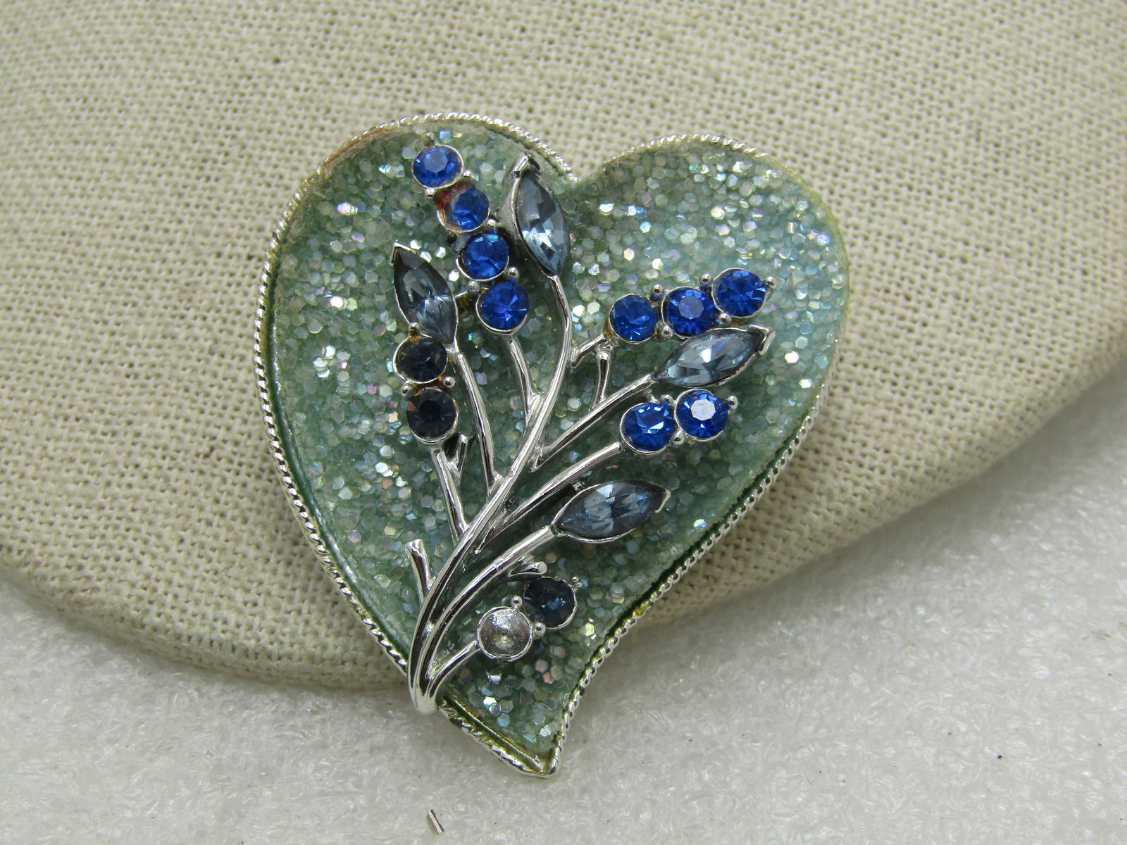 Vintage Coro Glitter & Rhinestone Heart Brooch, Mid-Century, 2" - 3