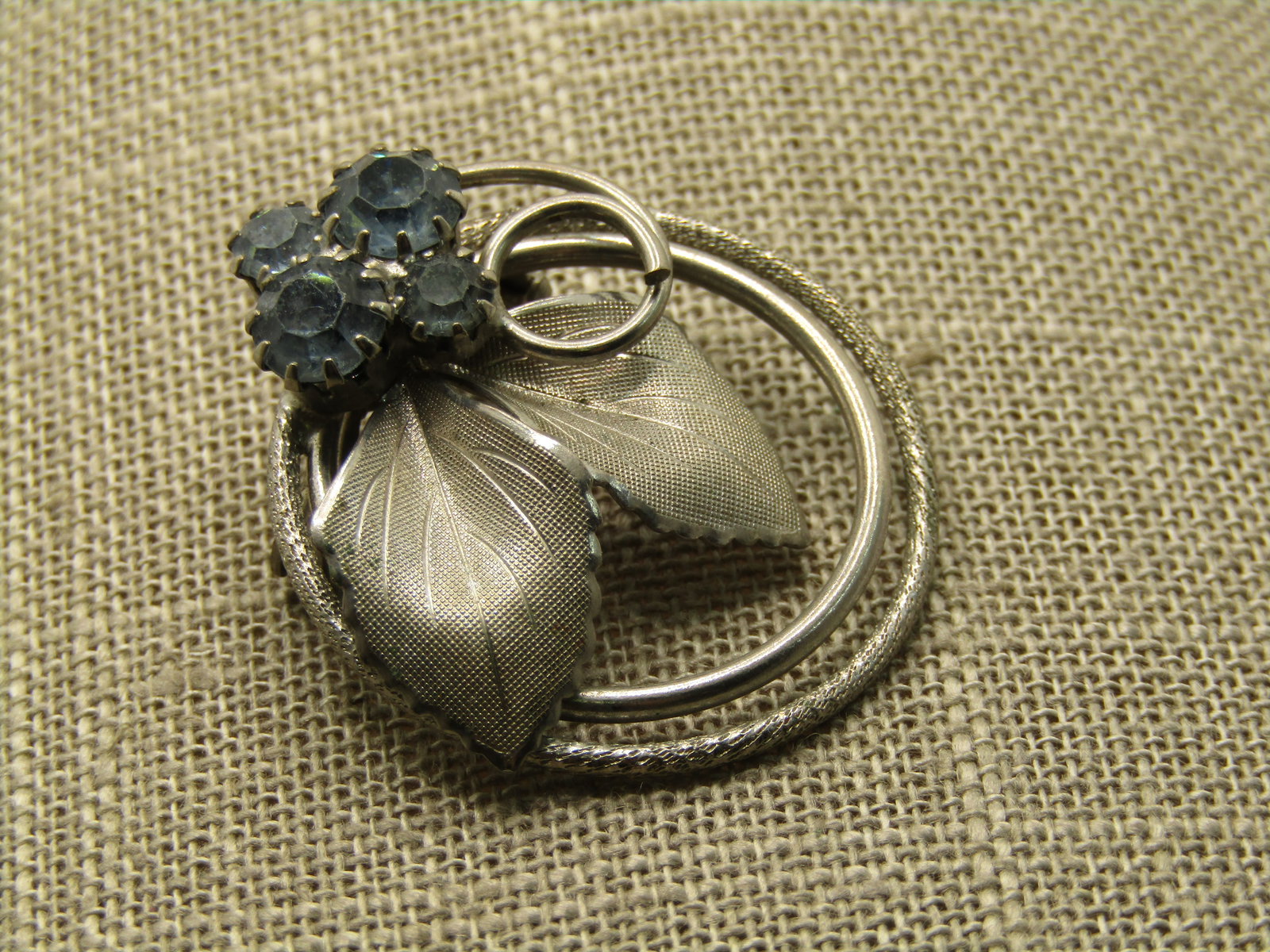 Vintage Circle Leaf Brooch with Blue Rhinestones, 1960's , 1.5" - 2