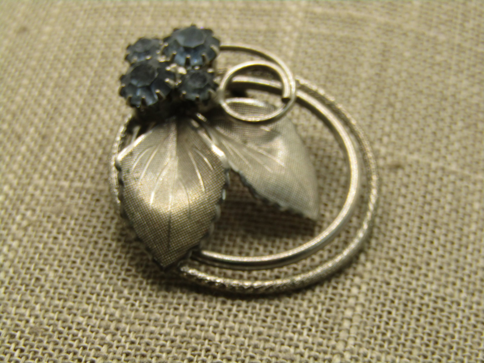 Vintage Circle Leaf Brooch with Blue Rhinestones, 1960's , 1.5" - 3
