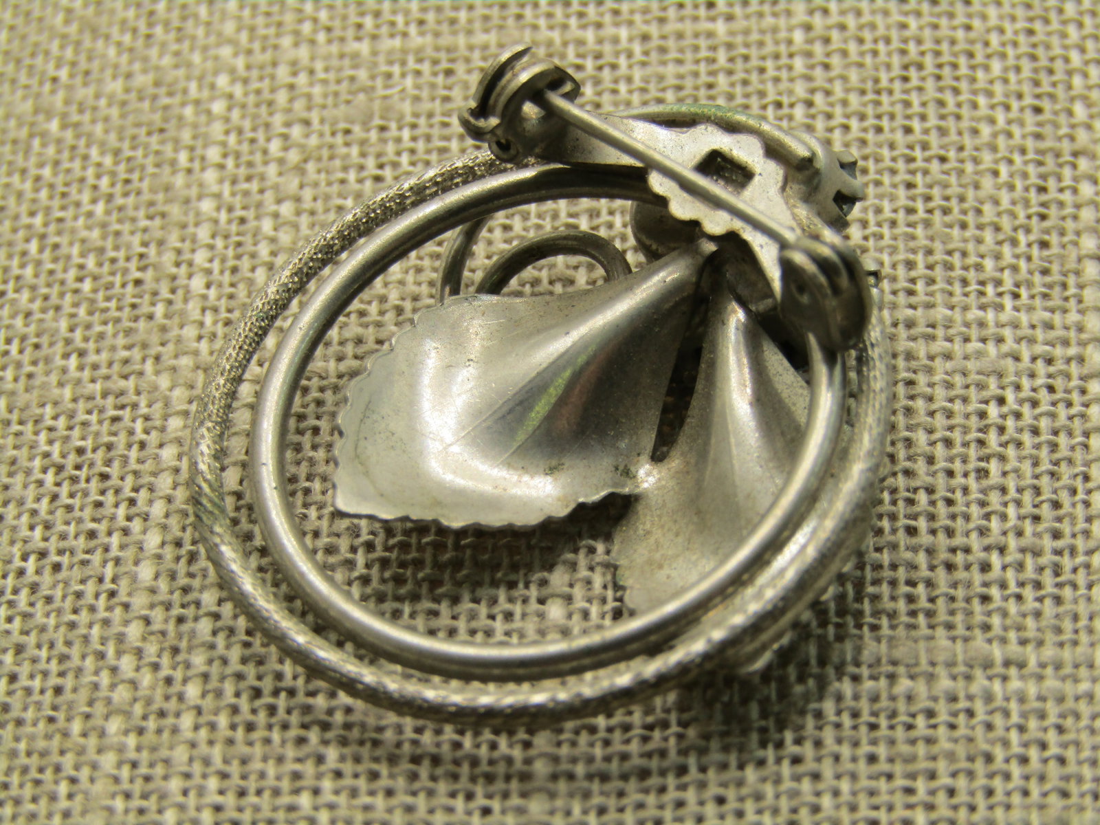 Vintage Circle Leaf Brooch with Blue Rhinestones, 1960's , 1.5" - 5