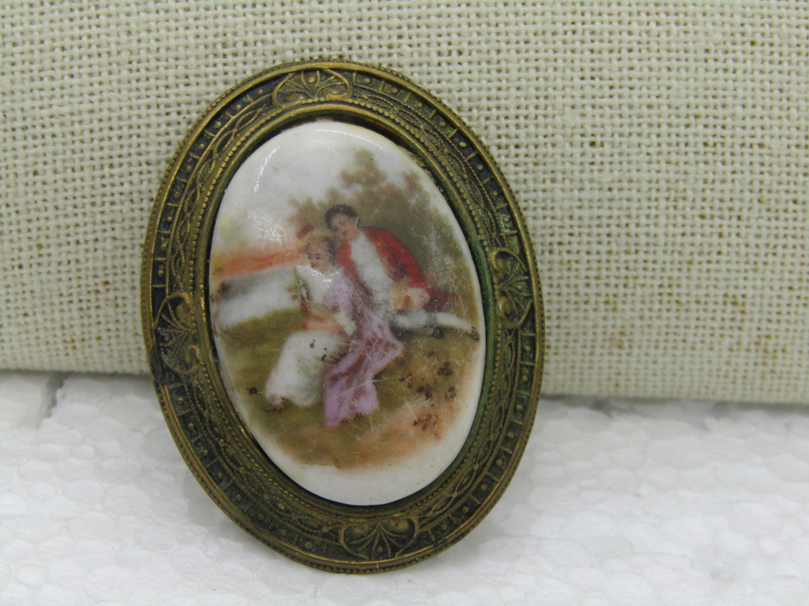 Vintage Courting Scene Cameo Brooch, Framed, Mid-Century, 2" by 1.5" - 2
