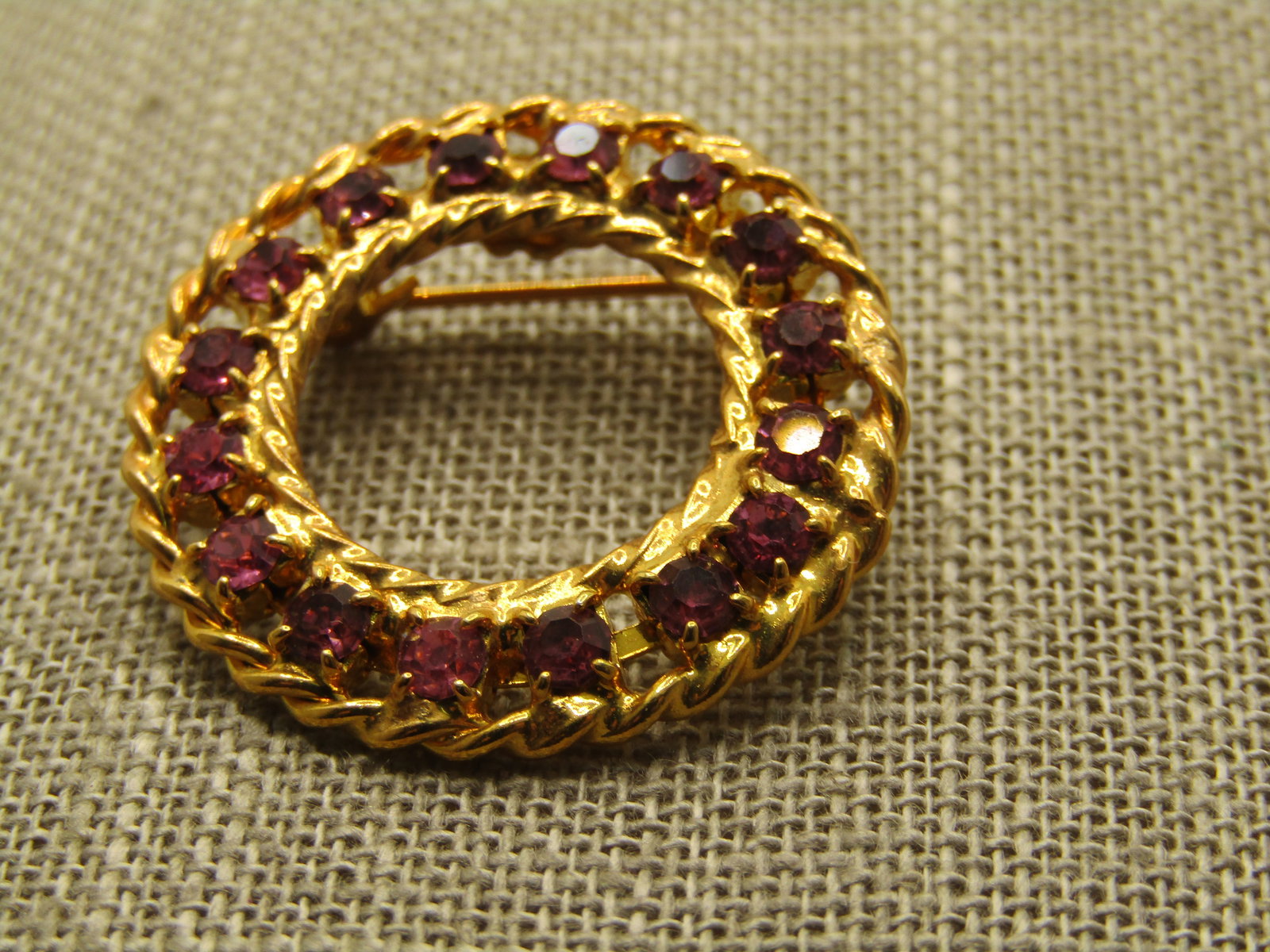 Vintage Pink Rhinestone Circle Brooch, 1-1/8", 1960's - 3