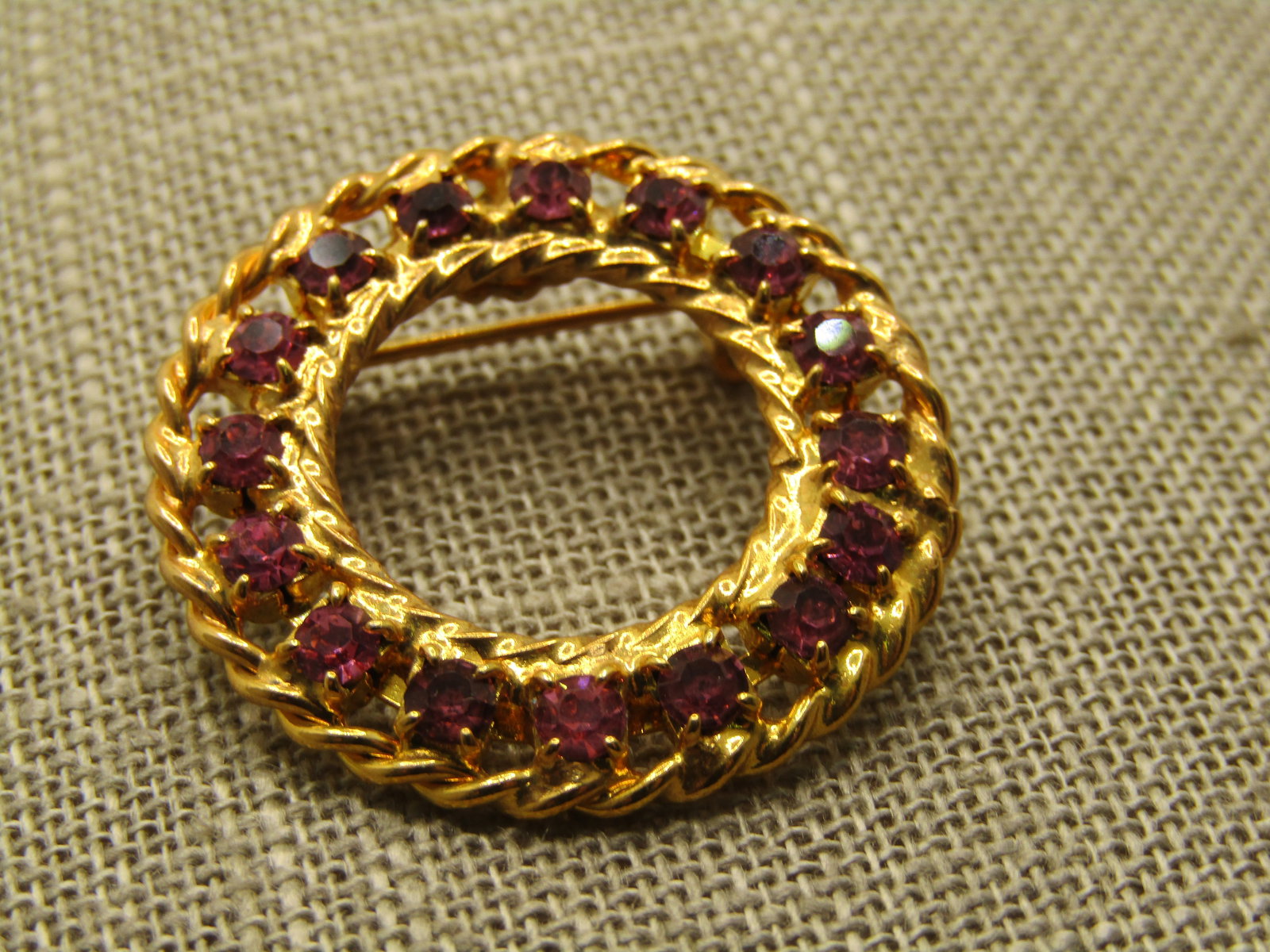 Vintage Pink Rhinestone Circle Brooch, 1-1/8", 1960's - 4