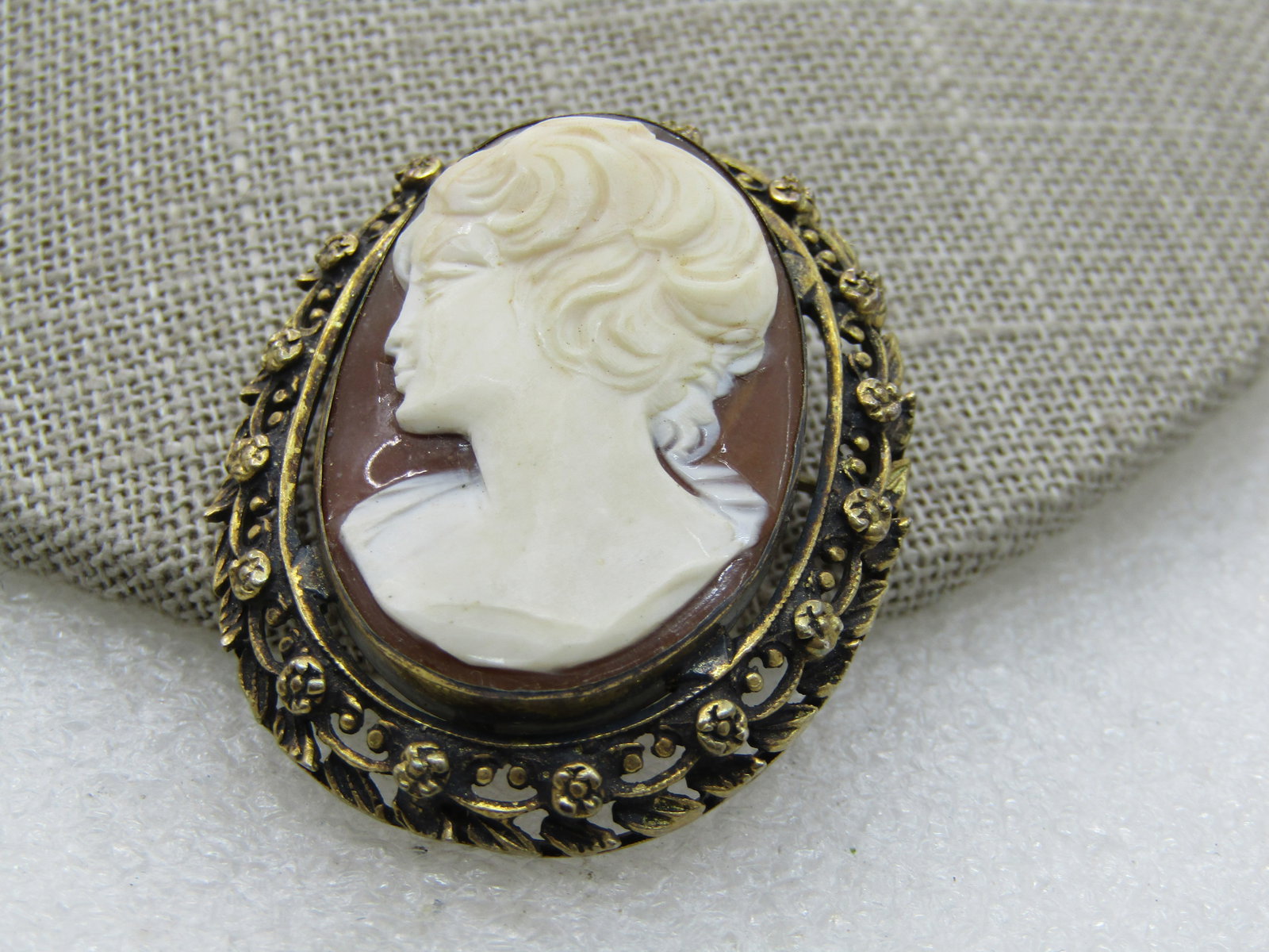 Vintage .800 Silver Cameo Pendant/Brooch, Gold over, Rose Frame, 1-7/8" - 3