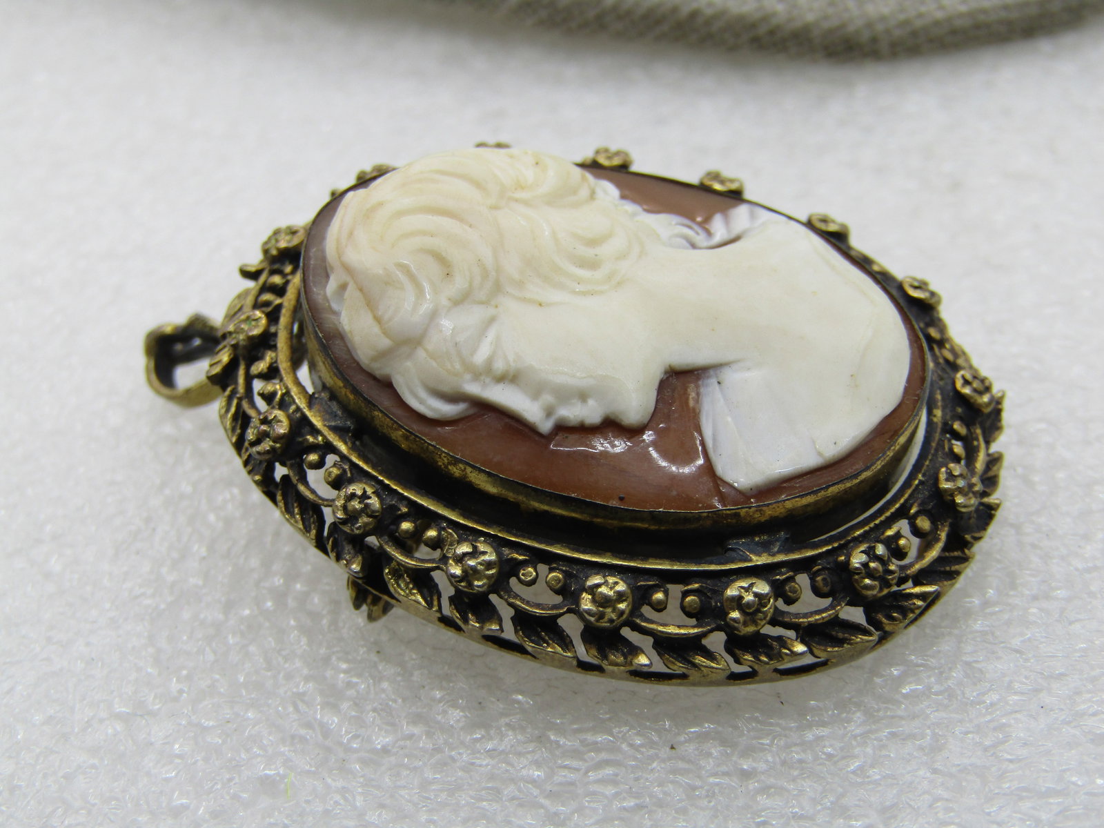 Vintage .800 Silver Cameo Pendant/Brooch, Gold over, Rose Frame, 1-7/8" - 6