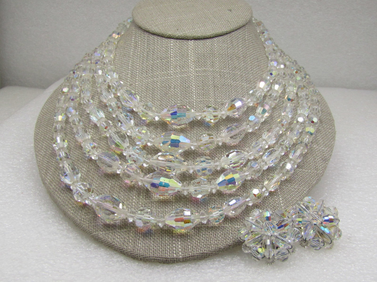 Vintage Five Strand Aurora Borealis Crystal Necklace & Earrings, Clip - 2