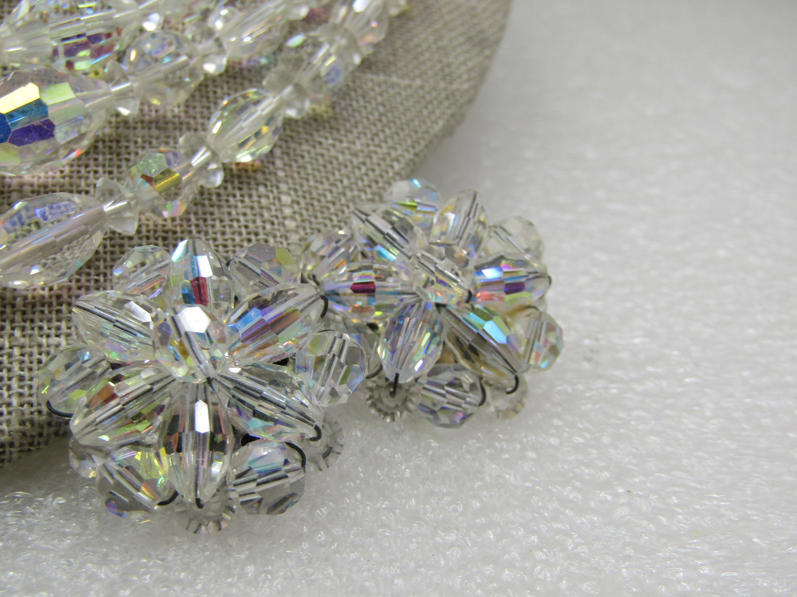 Vintage Five Strand Aurora Borealis Crystal Necklace & Earrings, Clip - 5