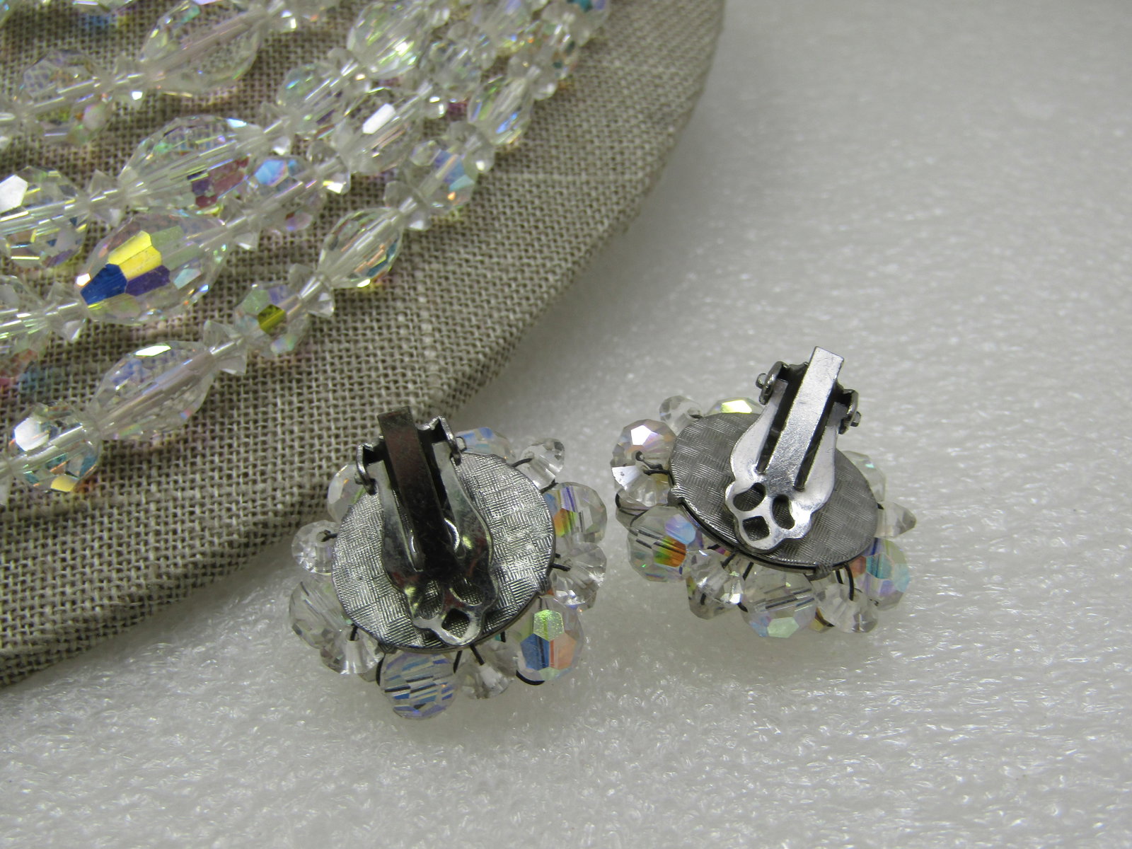 Vintage Five Strand Aurora Borealis Crystal Necklace & Earrings, Clip - 6