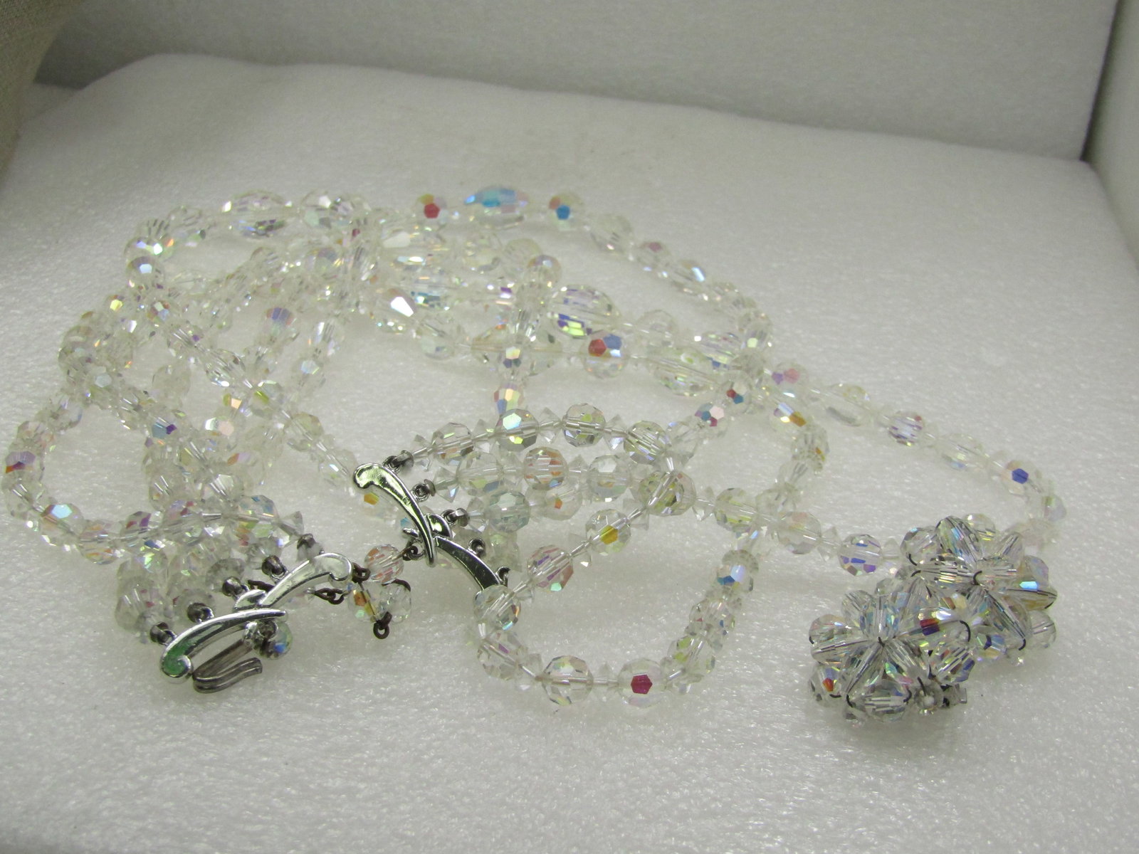 Vintage Five Strand Aurora Borealis Crystal Necklace & Earrings, Clip - 7