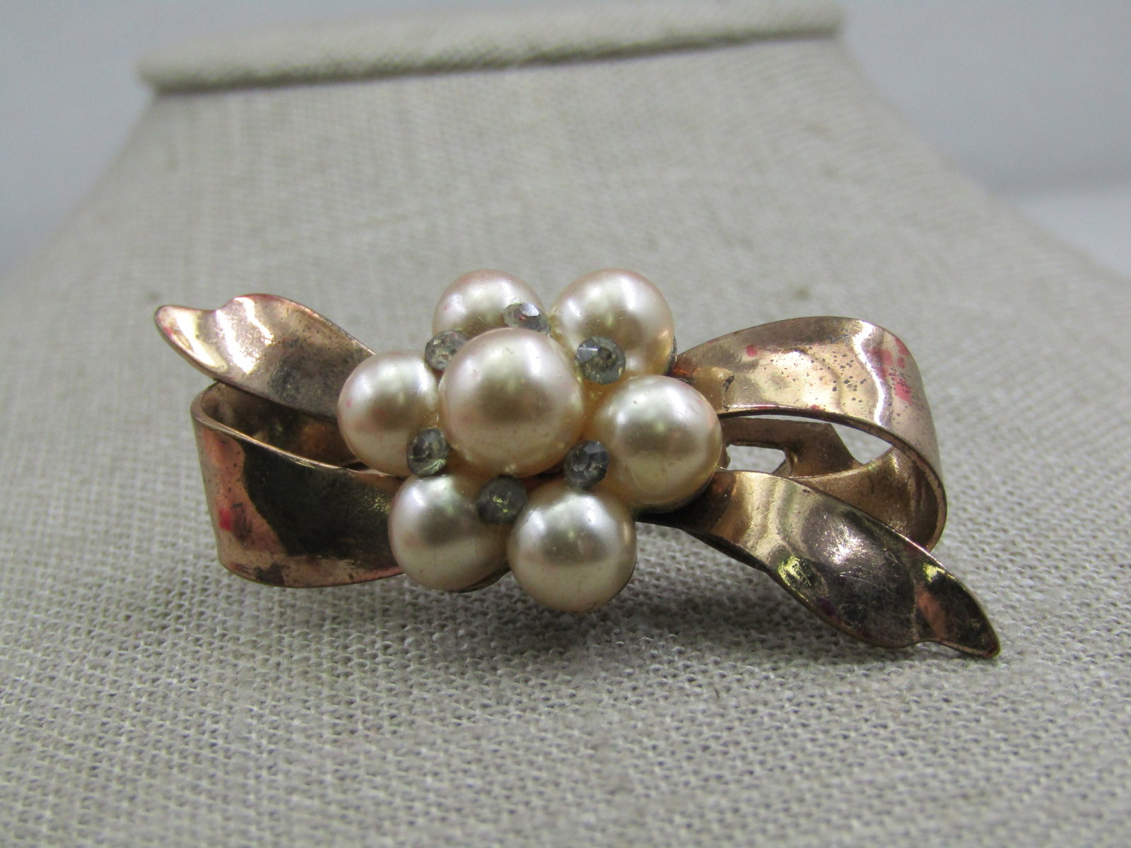 Vintage Faux Pearl & Rhinestone Bow Brooch, 1.75" - 2