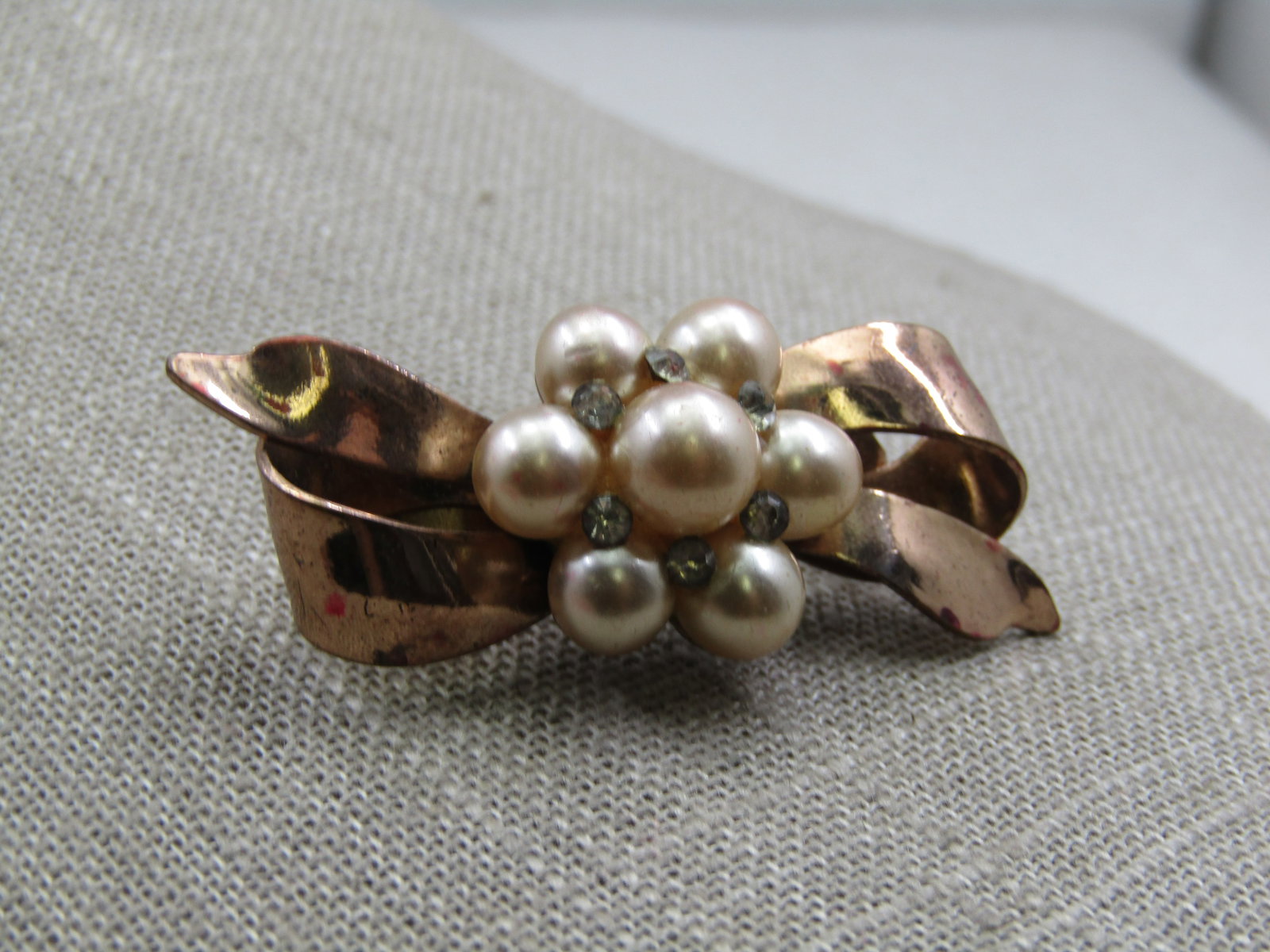 Vintage Faux Pearl & Rhinestone Bow Brooch, 1.75" - 3