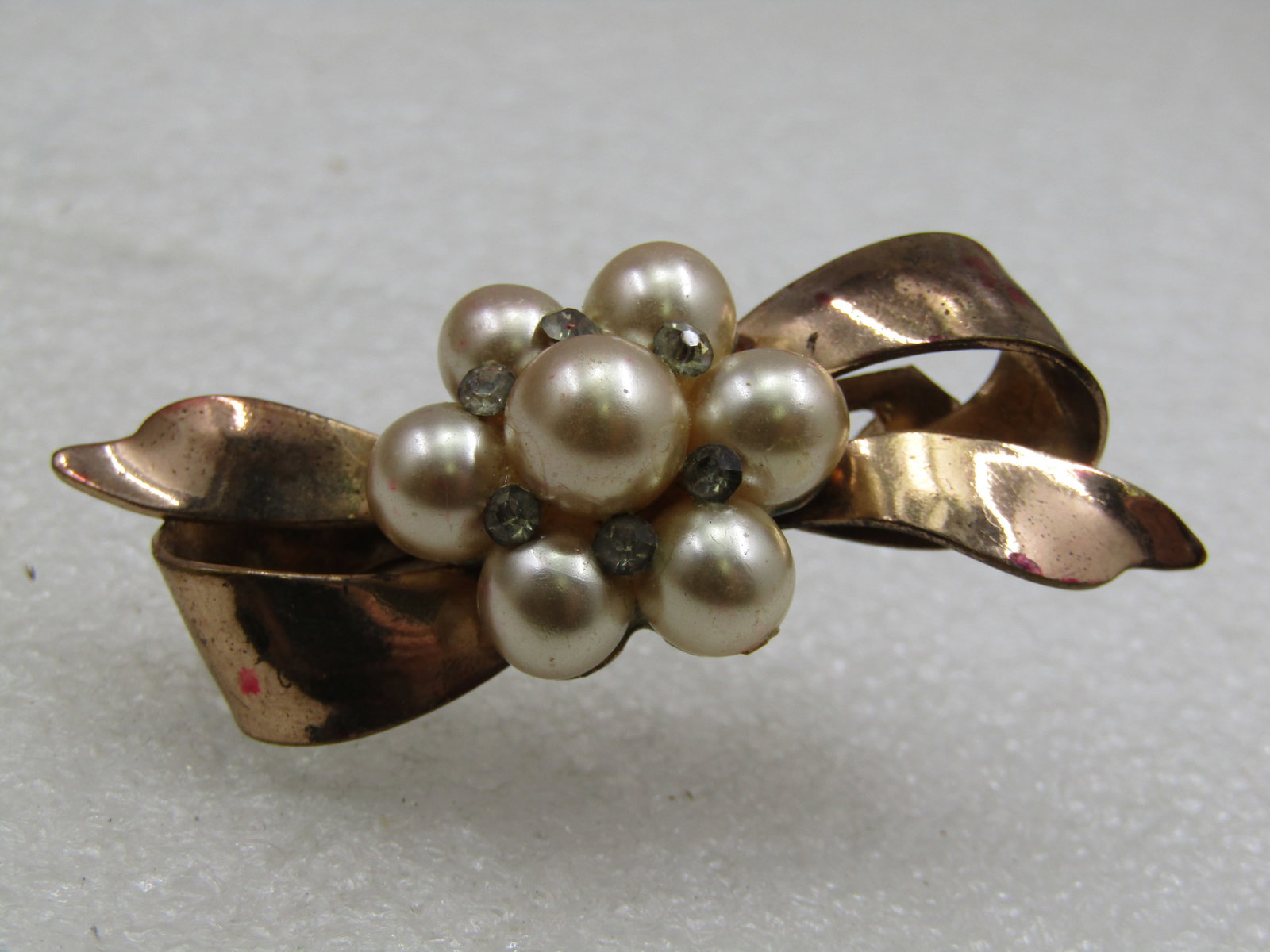 Vintage Faux Pearl & Rhinestone Bow Brooch, 1.75" - 4