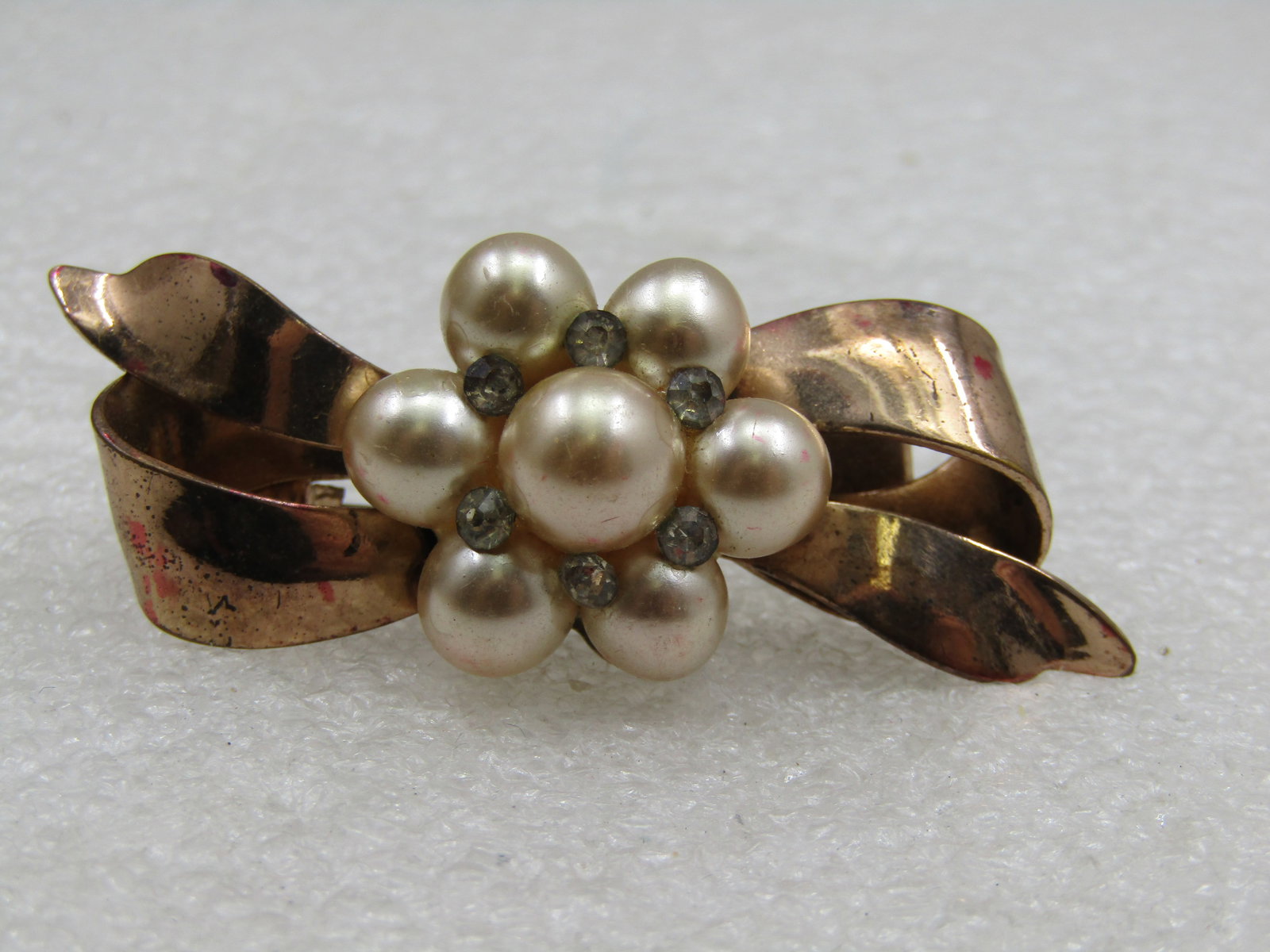 Vintage Faux Pearl & Rhinestone Bow Brooch, 1.75" - 5