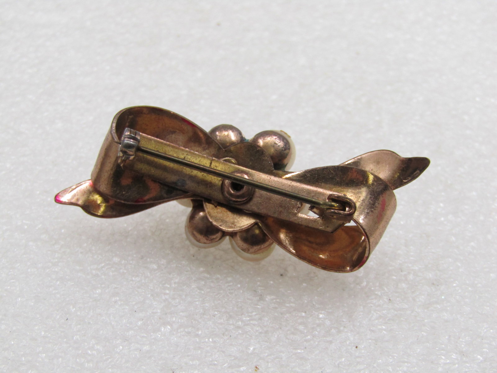 Vintage Faux Pearl & Rhinestone Bow Brooch, 1.75" - 6