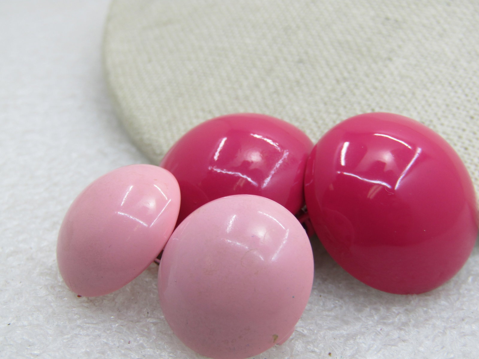 Vintage 2 Pair Enameled Pink Clip Earrings, 1" and 3/4", Mid-Century NL - 3