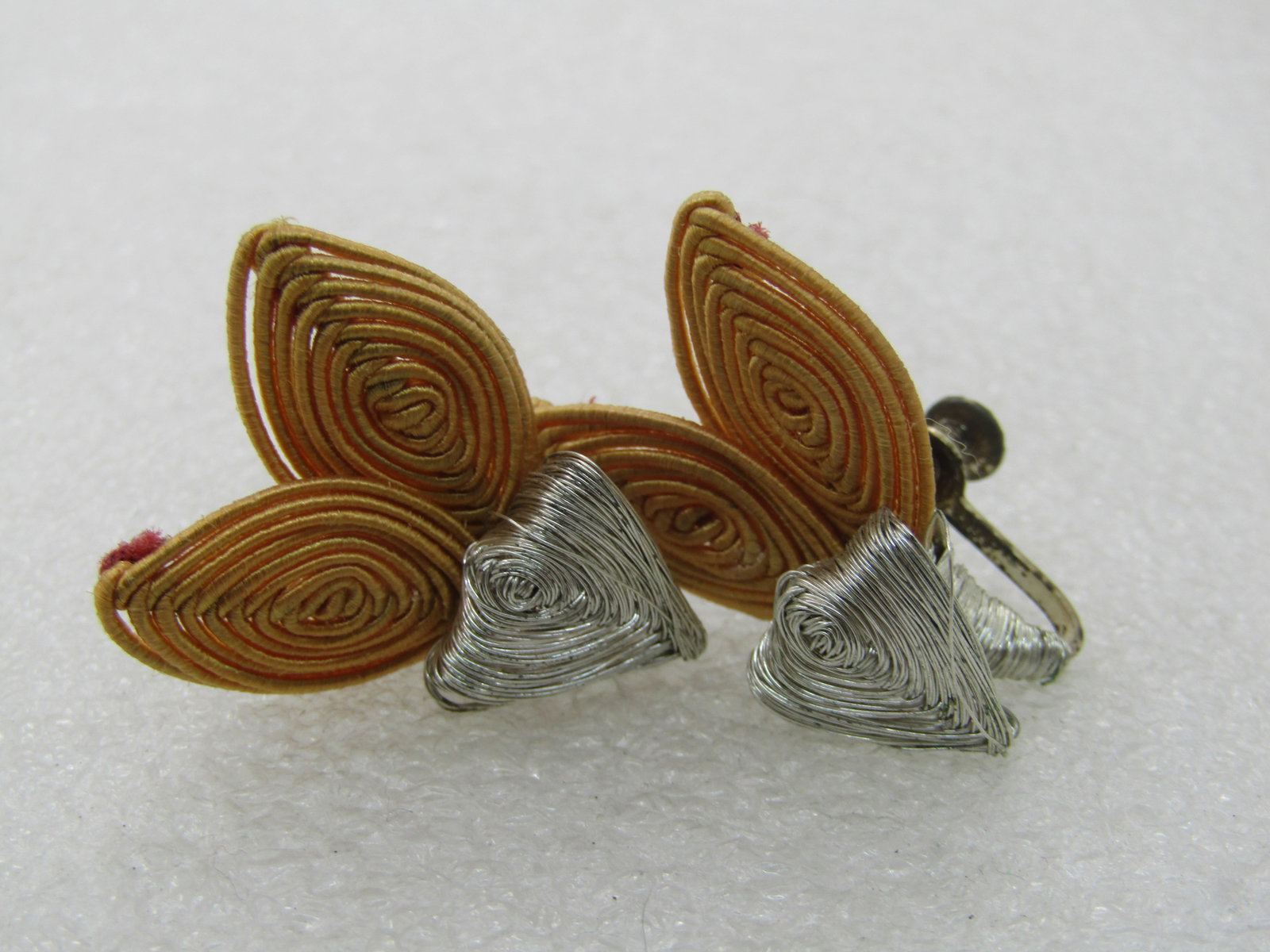 Vintage Silver & Gold Wrapped Butterfly Earrings, Screw Back, Hand Made: Vintage Silver & Gold Wrapped Butterfly Earrings, Screw Back, Hand Made, 1.25" by 1". Gold and silver wrapped wire to create a mid-century modern design. 1950's-1960's. Very good condition. (INV.