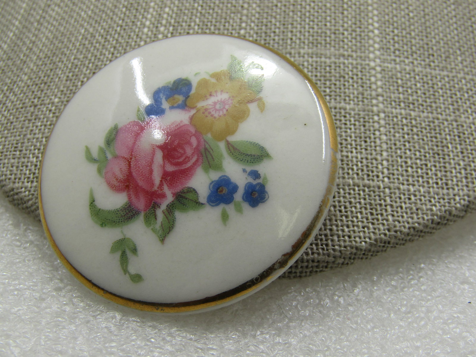Vintage Porcelain Rose Gold Trimmed Brooch, 1.75" Round - 2