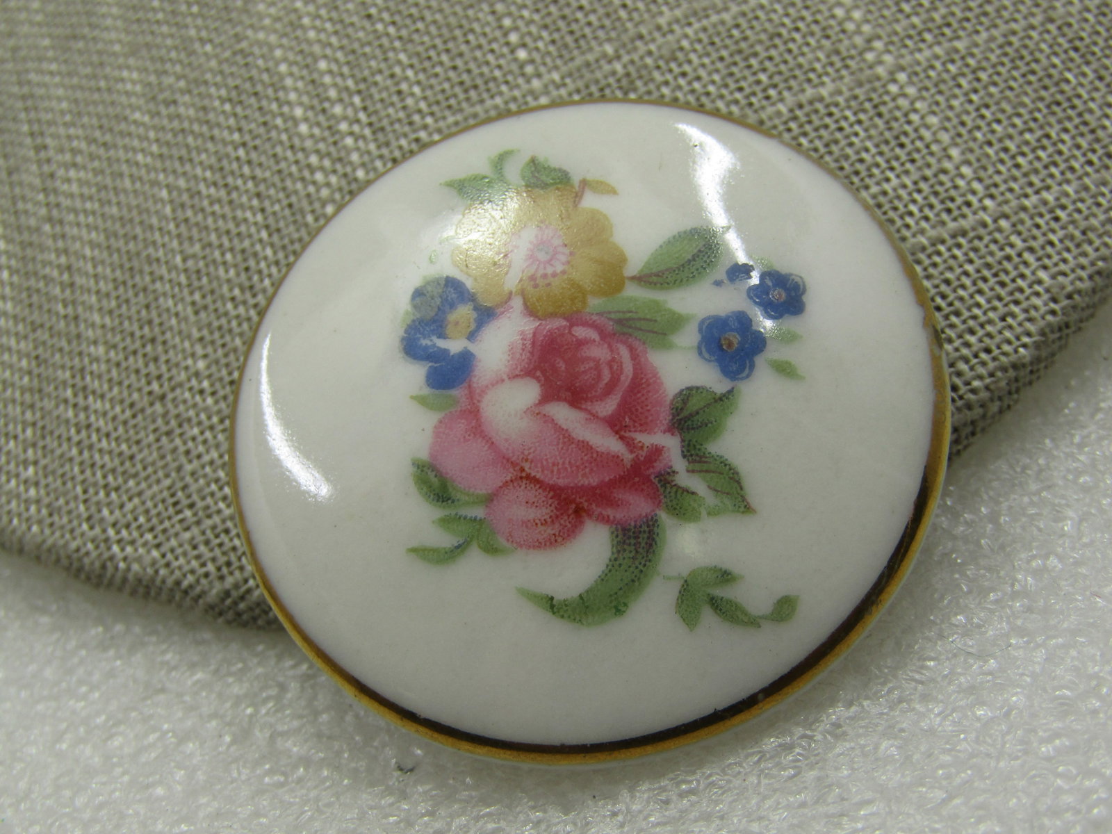 Vintage Porcelain Rose Gold Trimmed Brooch, 1.75" Round - 3
