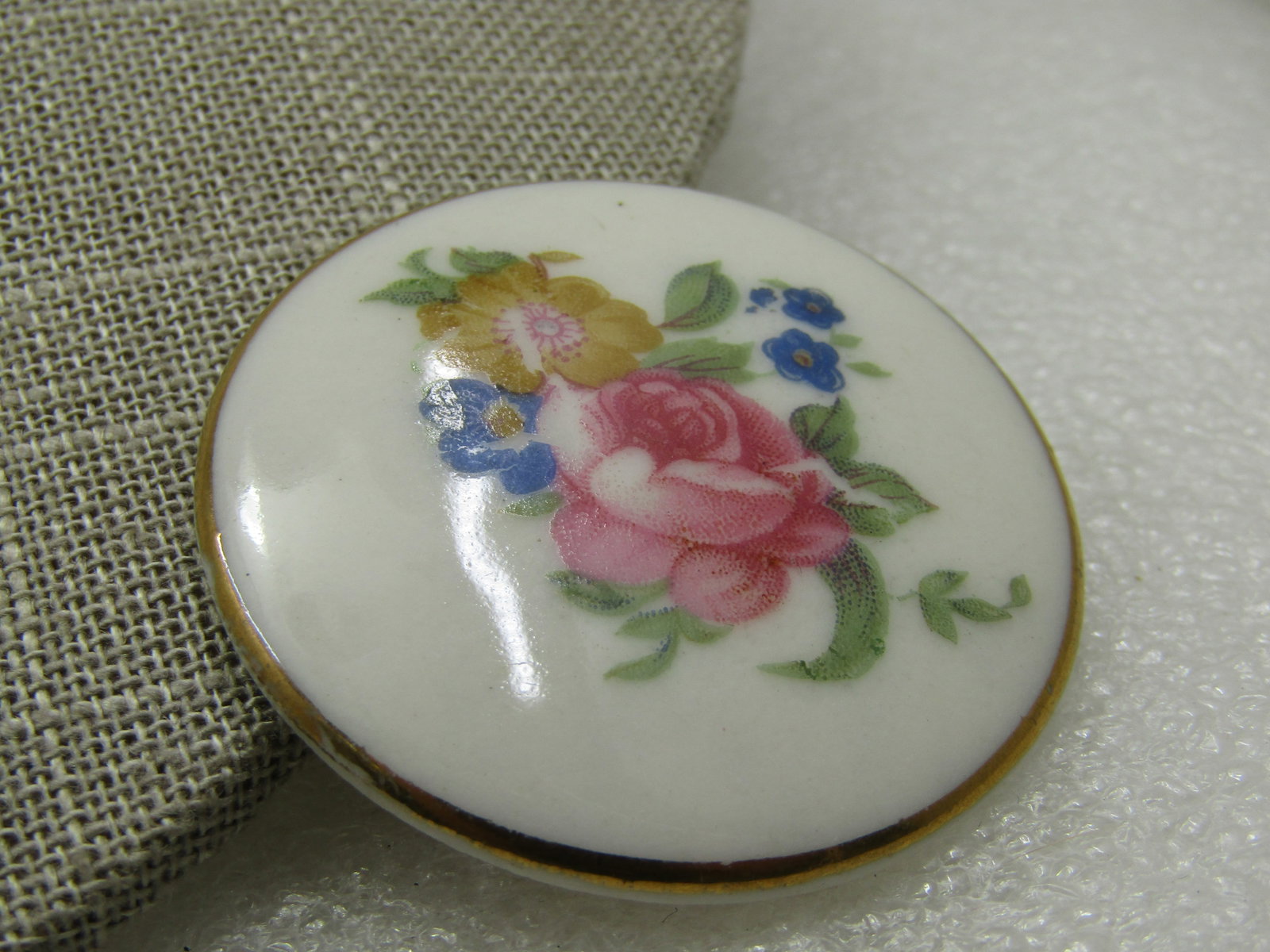 Vintage Porcelain Rose Gold Trimmed Brooch, 1.75" Round - 6