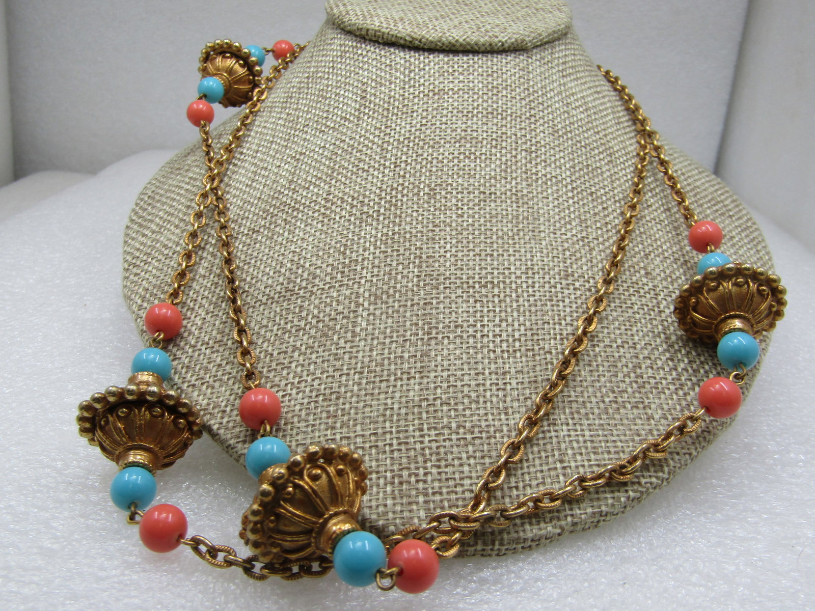 Vintage Etruscan Gold Tone Necklace, Coral & Blue Beads, 42" - 2