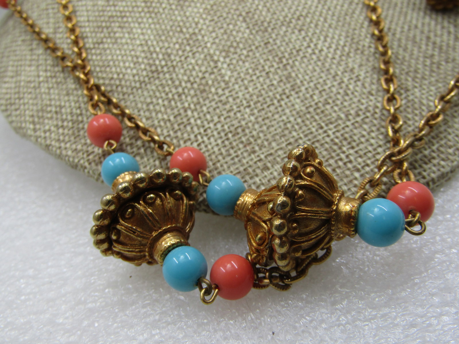 Vintage Etruscan Gold Tone Necklace, Coral & Blue Beads, 42" - 3