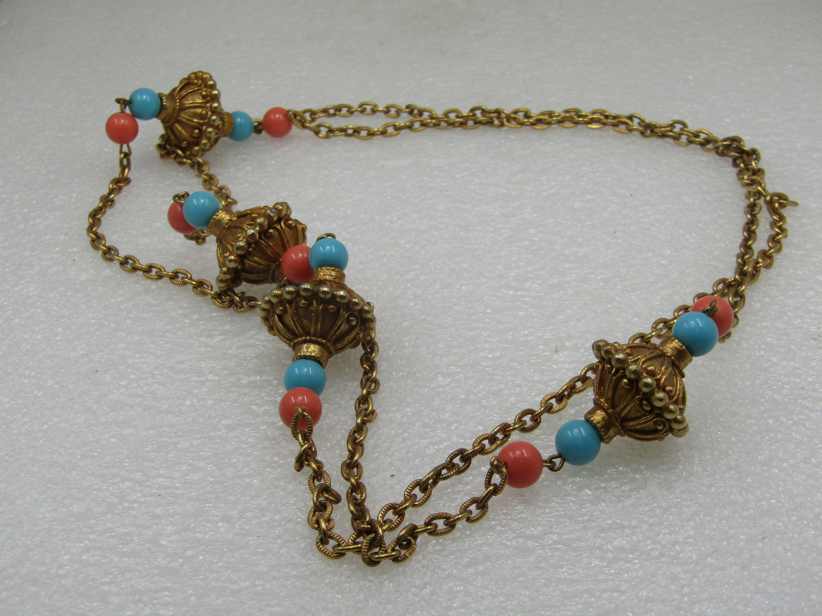 Vintage Etruscan Gold Tone Necklace, Coral & Blue Beads, 42" - 4
