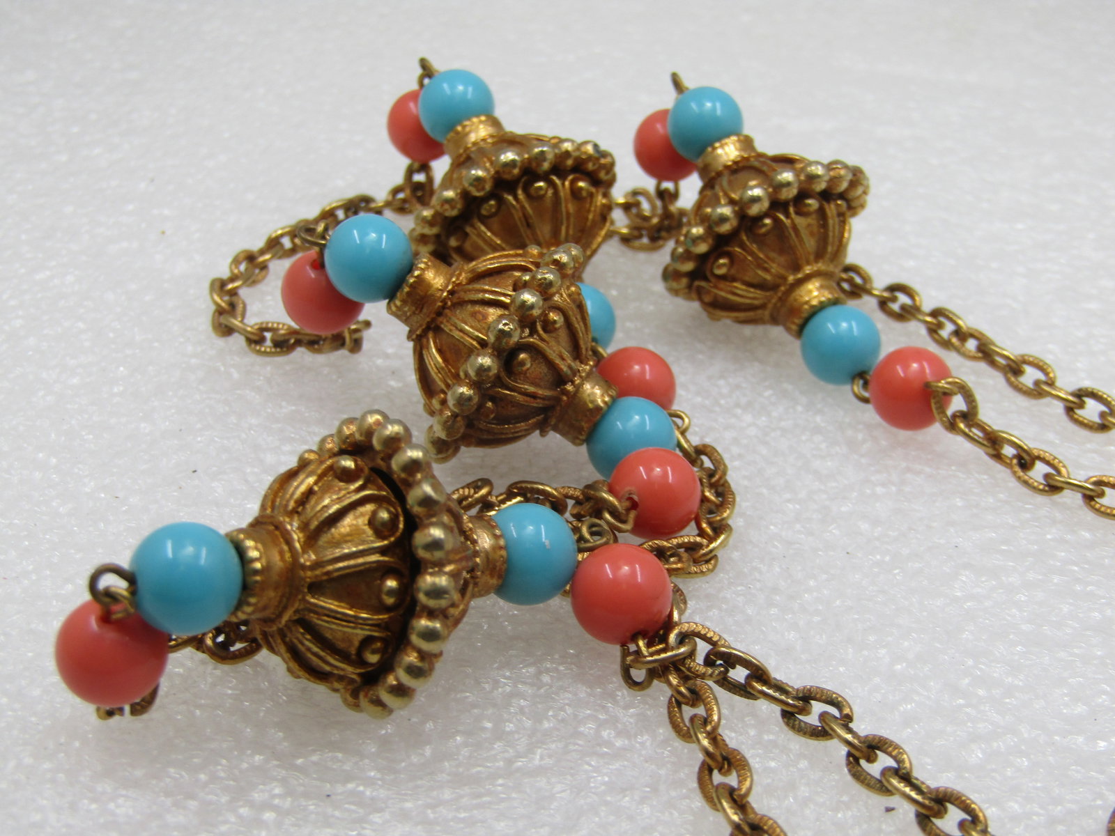 Vintage Etruscan Gold Tone Necklace, Coral & Blue Beads, 42" - 7