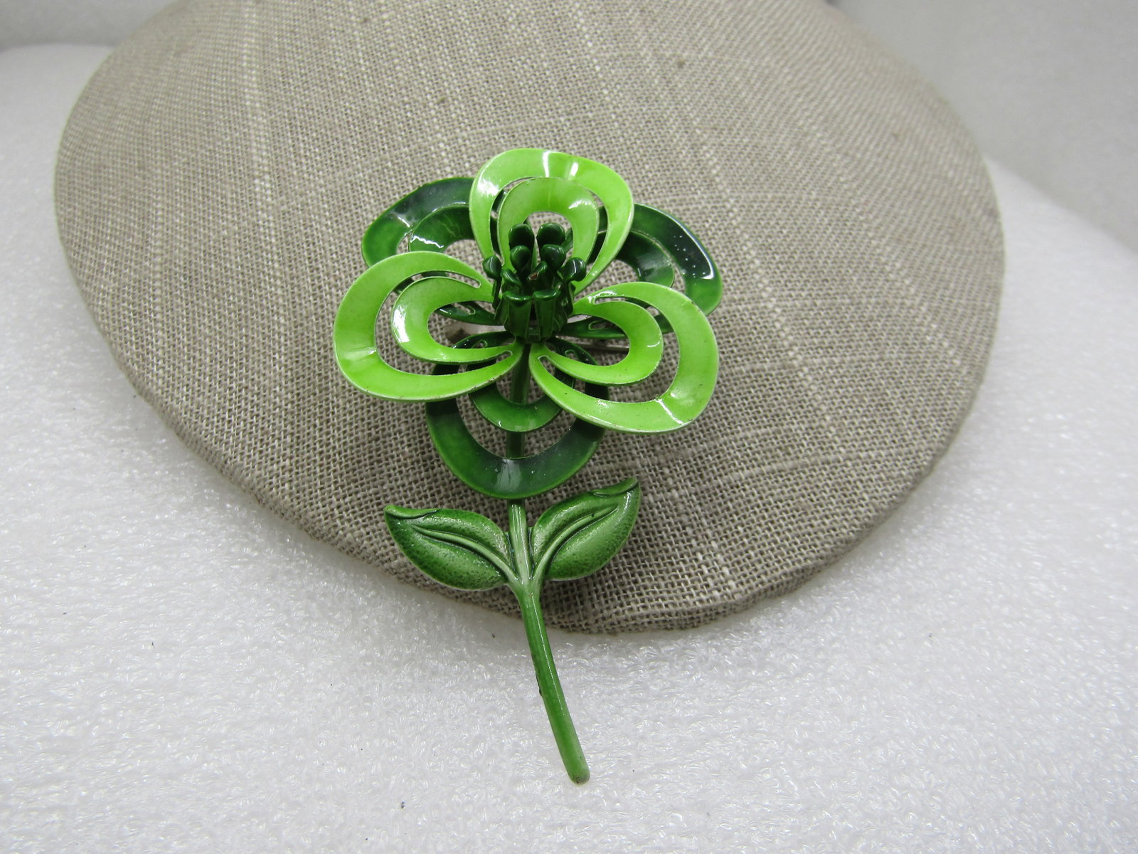 Vintage Green Enameled Floral Blossom and Stem Brooch, 1960's - 2