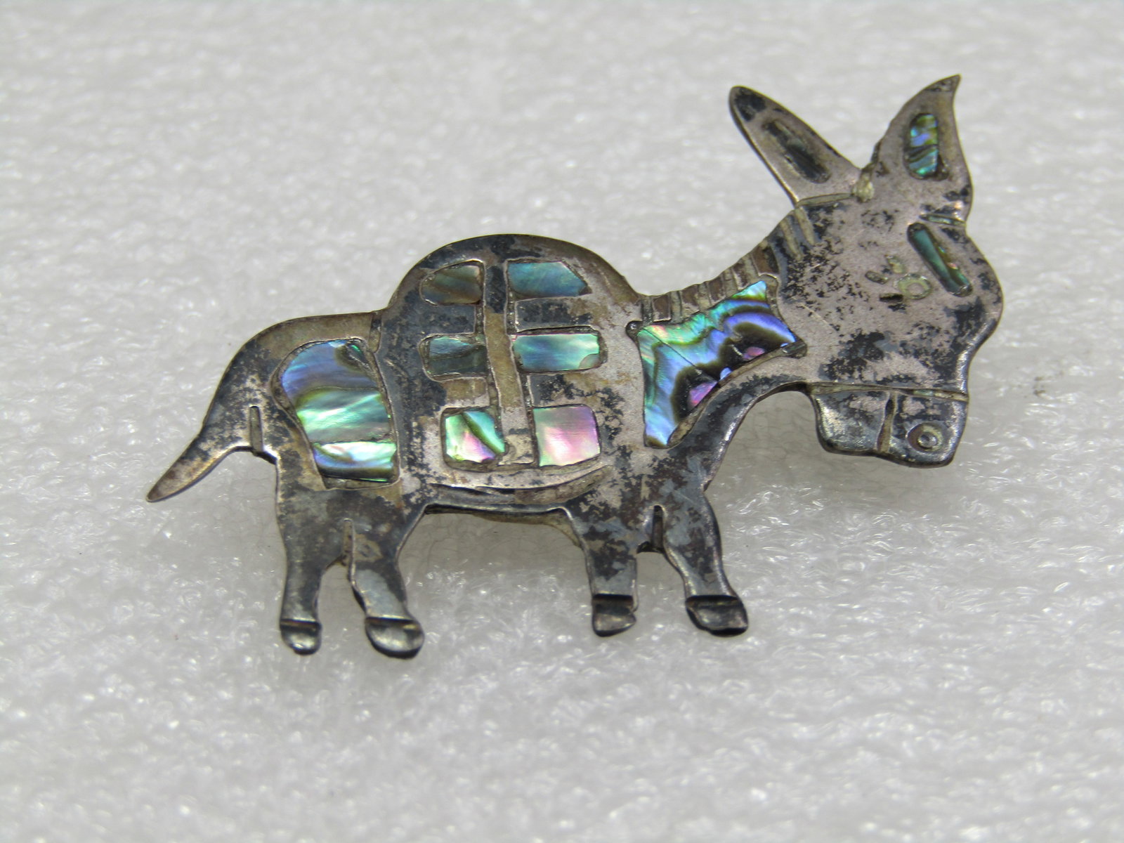 Vintage Sterling Inlaid Abalone Donkey Brooch, Mexico, Signed - 2