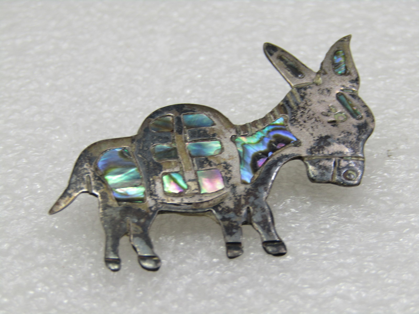 Vintage Sterling Inlaid Abalone Donkey Brooch, Mexico, Signed - 3