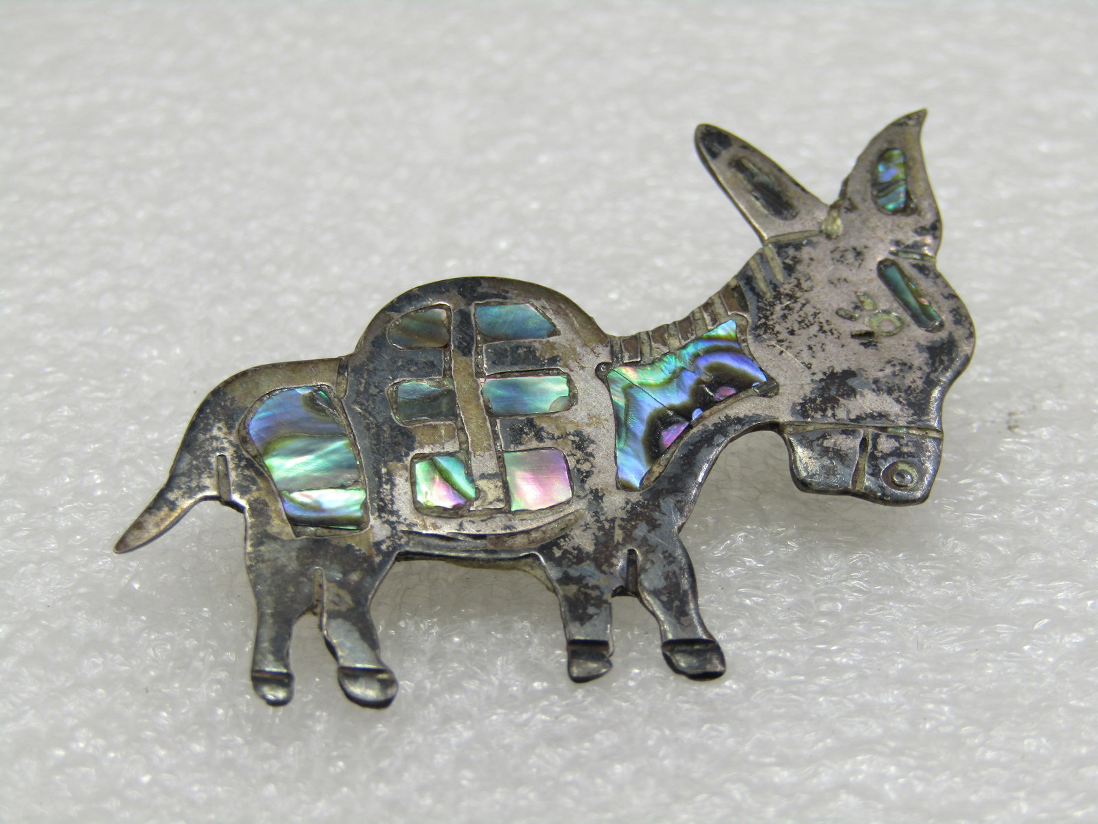 Vintage Sterling Inlaid Abalone Donkey Brooch, Mexico, Signed - 4