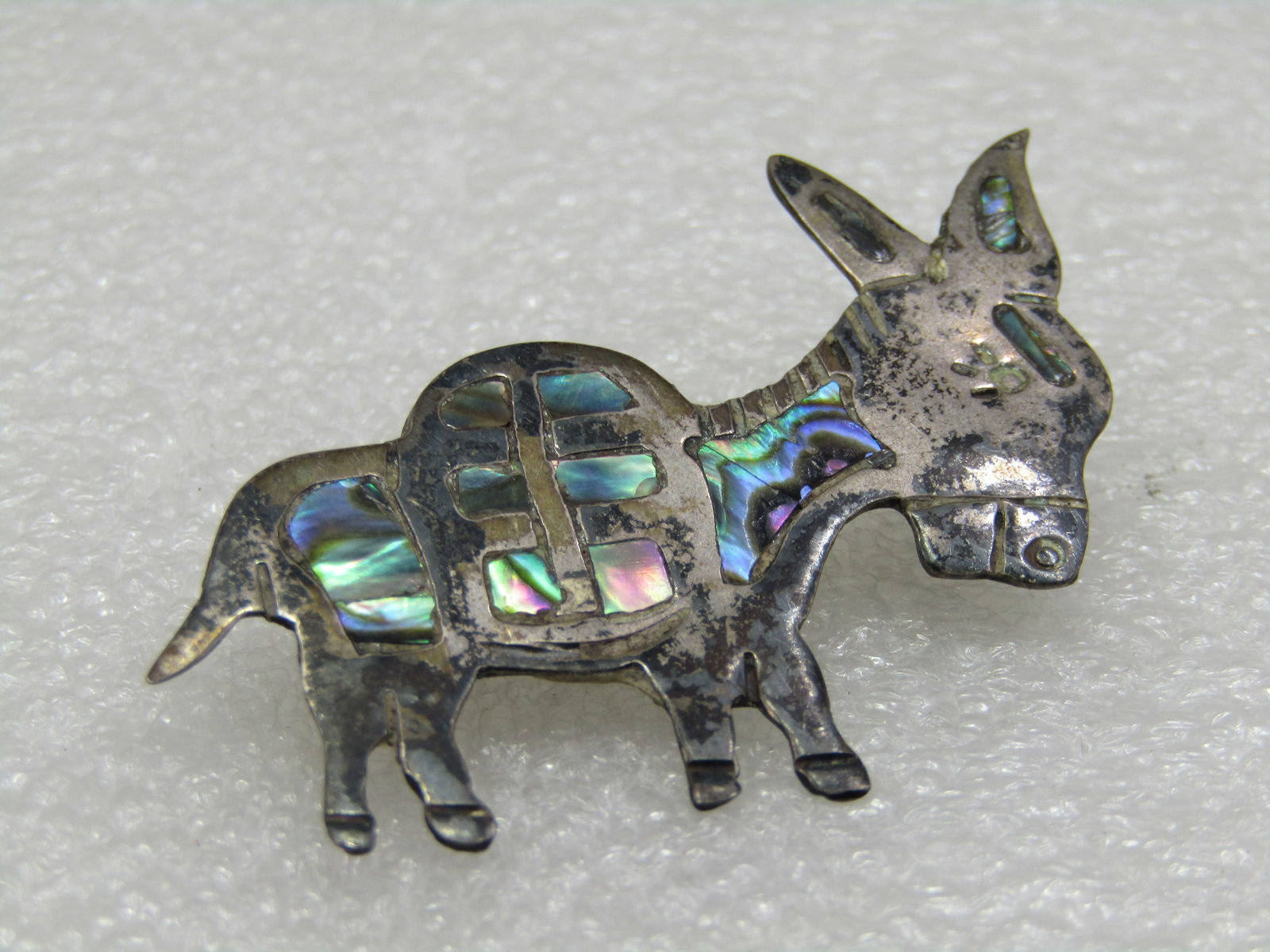 Vintage Sterling Inlaid Abalone Donkey Brooch, Mexico, Signed - 5