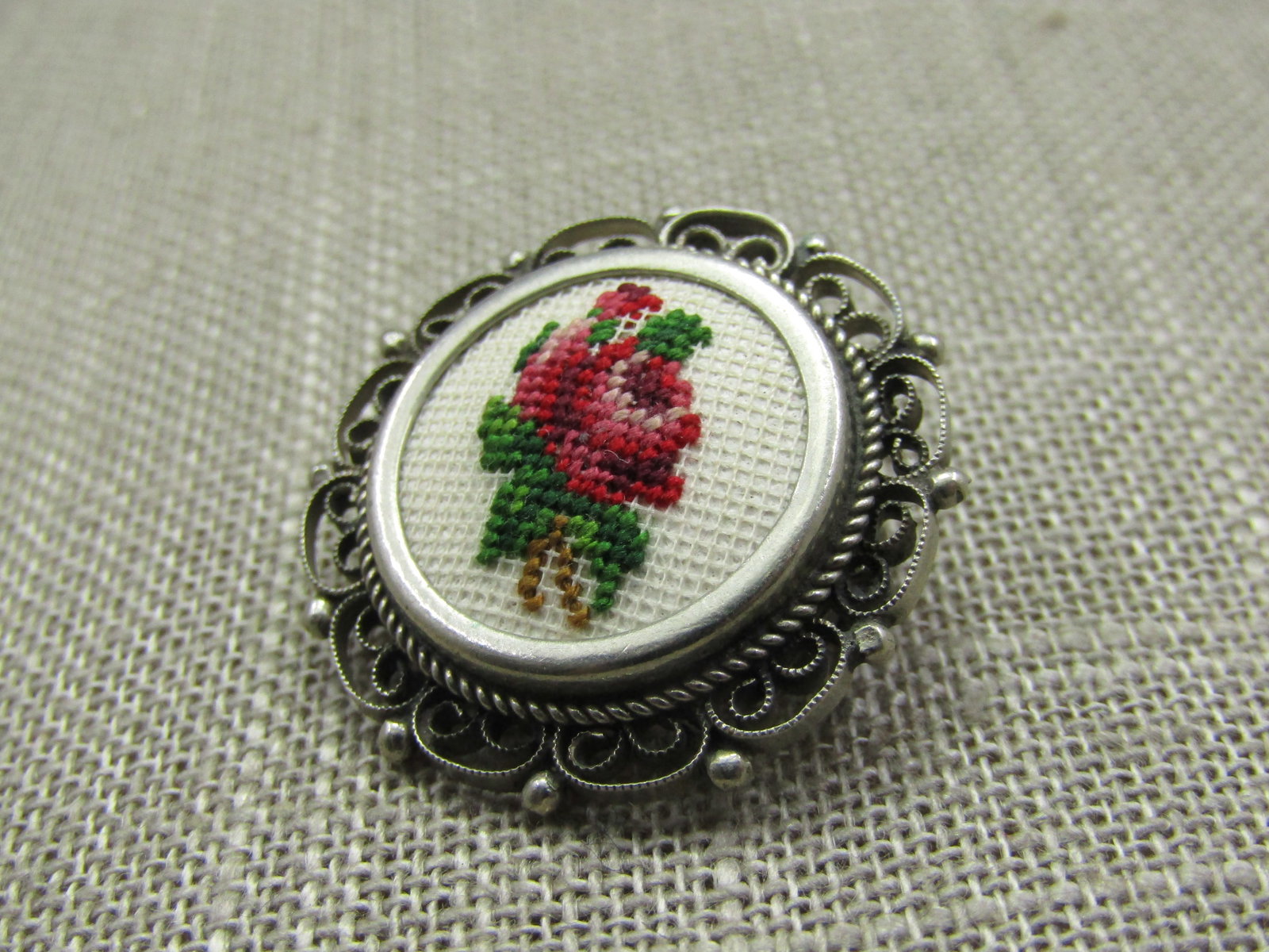 Vintage Rose Needlepoint Brooch, Scrolled, 1", 1960's - 2