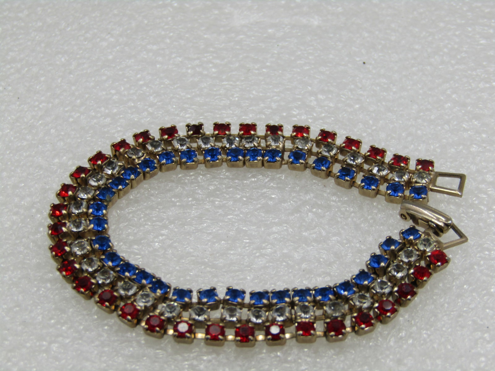 Vintage Red, White, Blue Rhinestone Bracelet, 7" - 3