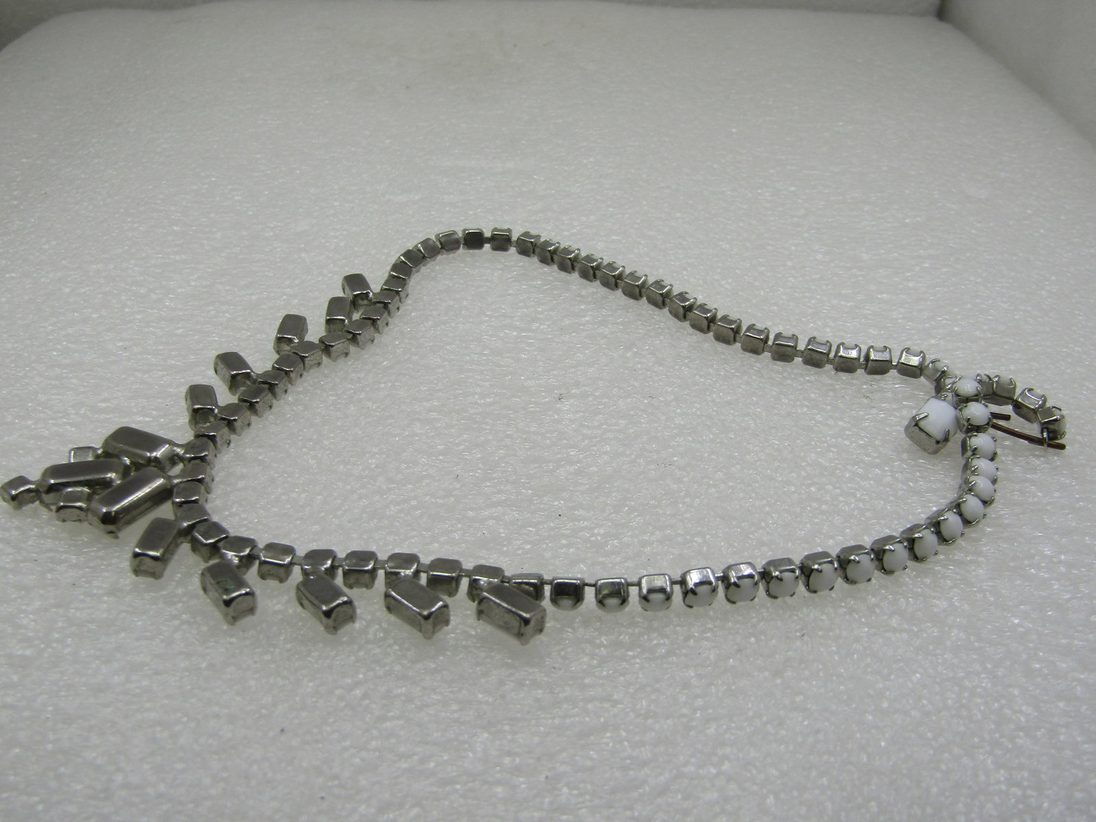 Vintage White Milk Glass & Rhinestone Bib Necklace, 16" - 4