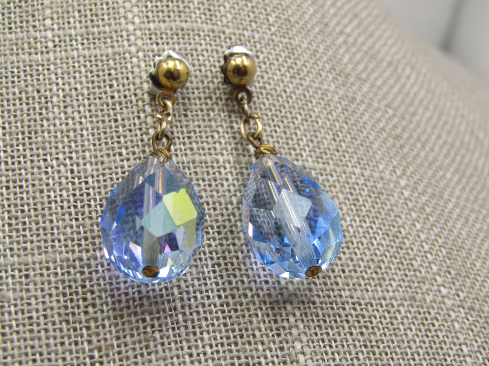 Sterling Silver Blue Aurora Borealis Drop Earrings, Pierced, Mid-Century: Sterling Silver Blue Aurora Borealis Drop Earrings, Pierced, Mid-Century, 1-3/8" Long and appx 12mm wide at the wides point - pear-shaped with bead stud, gold tone. Age is appx. mid-century. Very