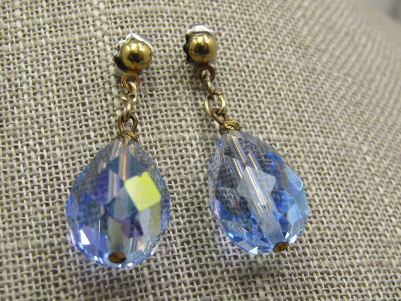 Sterling Silver Blue Aurora Borealis Drop Earrings, Pierced, Mid-Century - 3