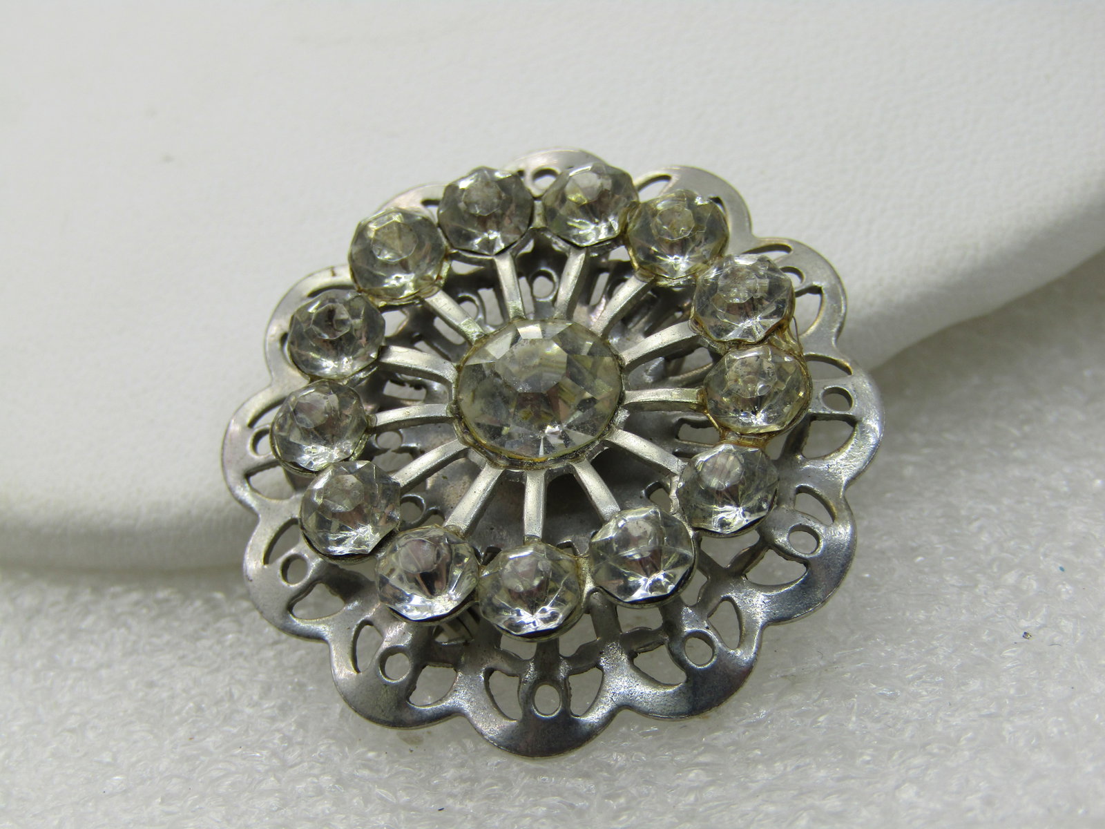 Vintage Rhinestone Round Blossom Brooch, Silver Tone, 1950's, 1.25" - 2