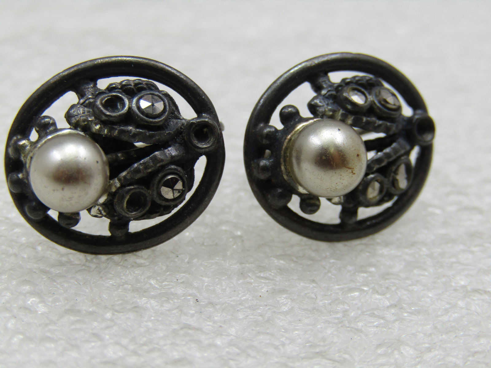 Vintage Faux Pearl Rhinestone Blossom Earrings, Screw Back, 1940's - 2